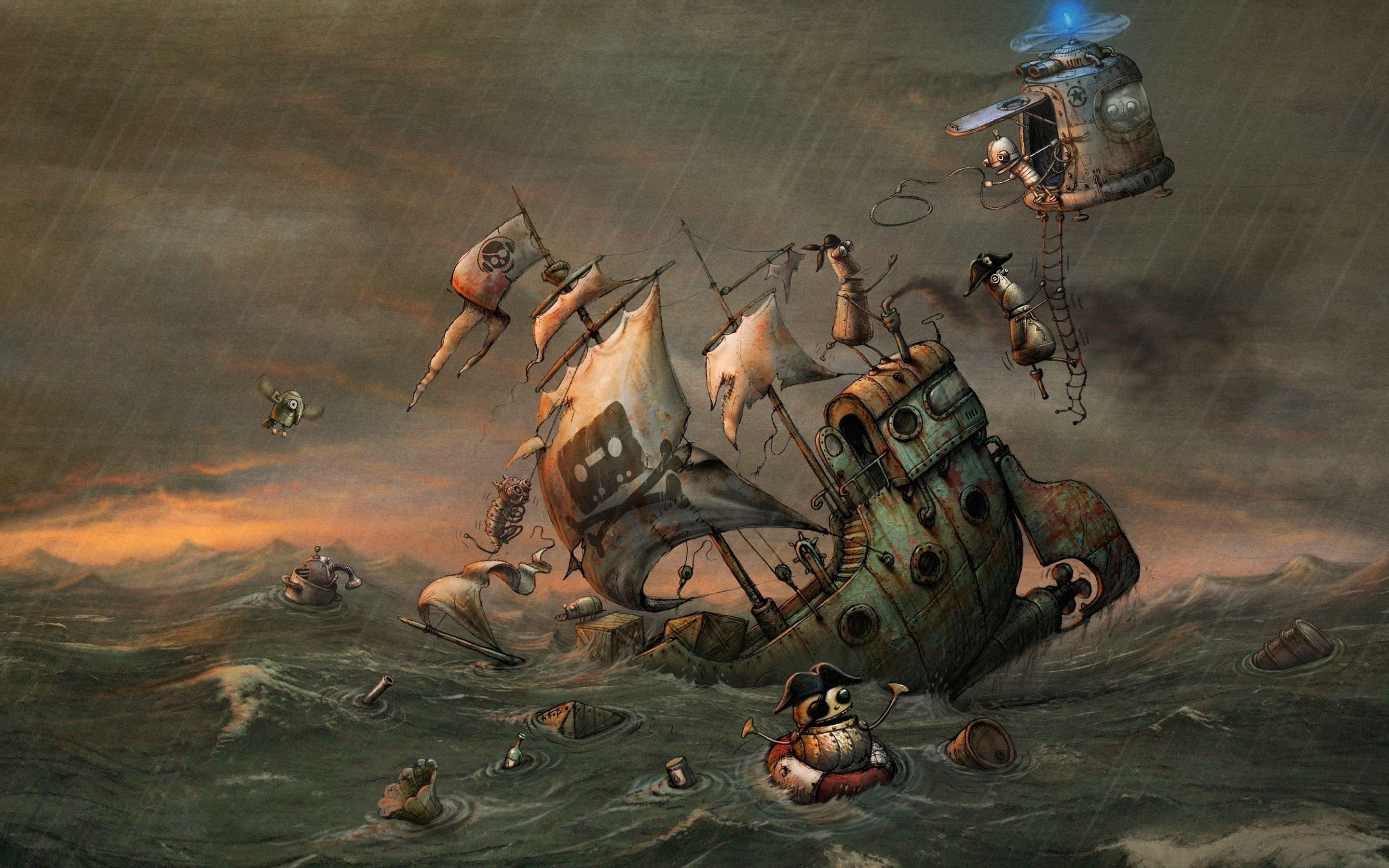 2880x1800 Download wallpaper steampunk, robots, art, fantasy, pirates, shipwreck for desktop with resolution 412x732. High Quality HD picture wallpaper