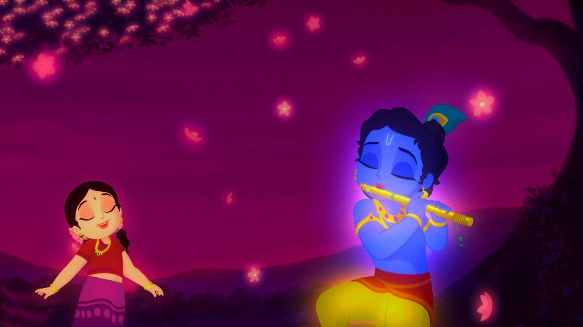 1920x1080 Download Little Krishna HD Glowing Radha Pink Aesthetic Wallpaper