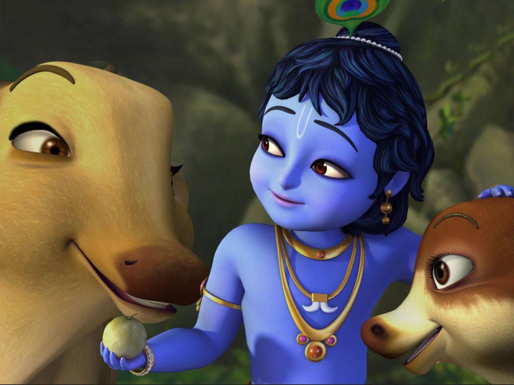 1024x768 Download Little Krishna HD Cow And Deer Wallpaper