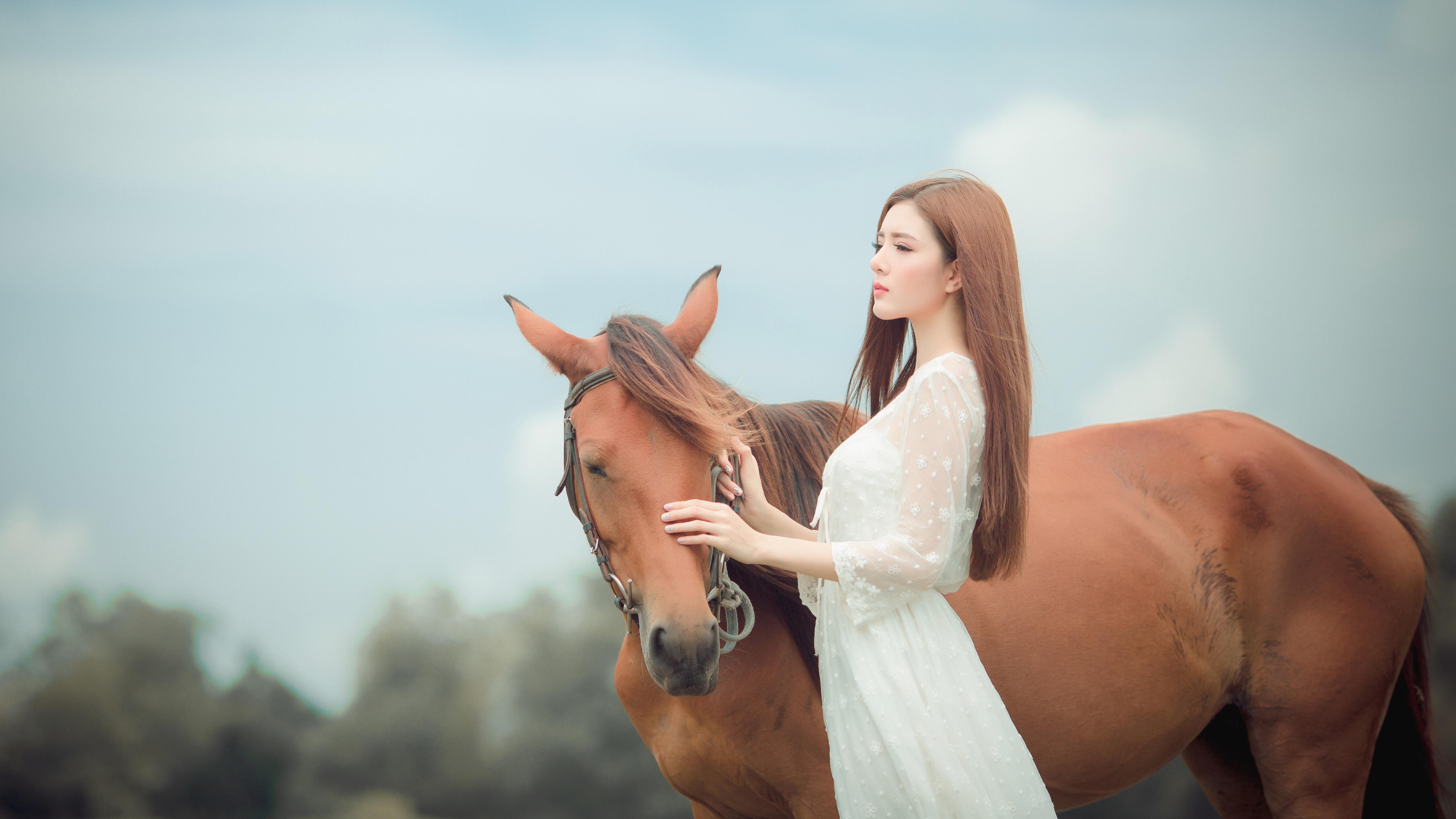 5326x2996 Long Hair, Model, Woman, Asian, White Dress, Girl, Redhead, Horse wallpaper