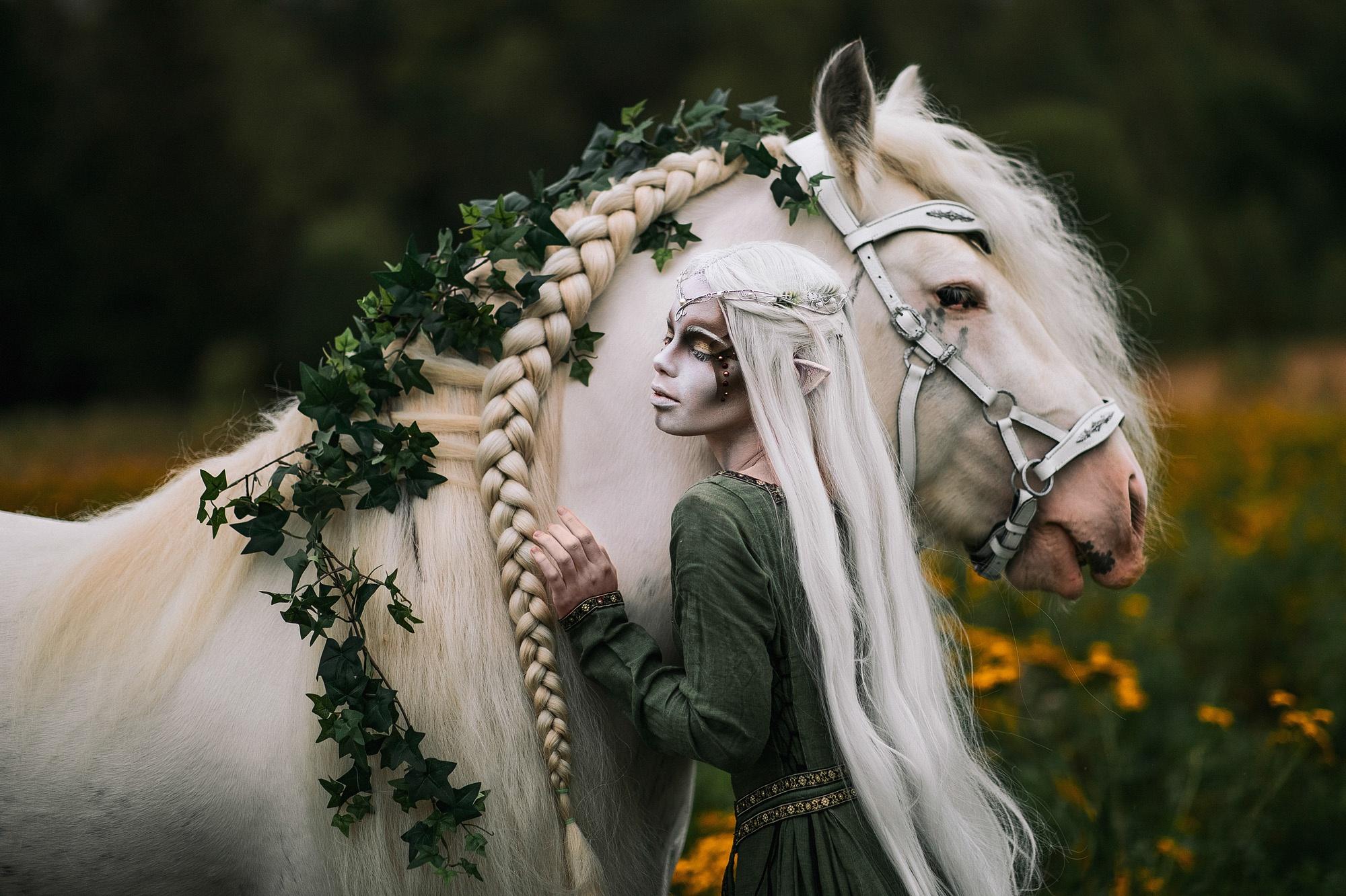 2000x1333 HD desktop wallpaper: Horse, Elf, Model, Women, Braid, Long Hair, White Hair, Cosplay download free picture