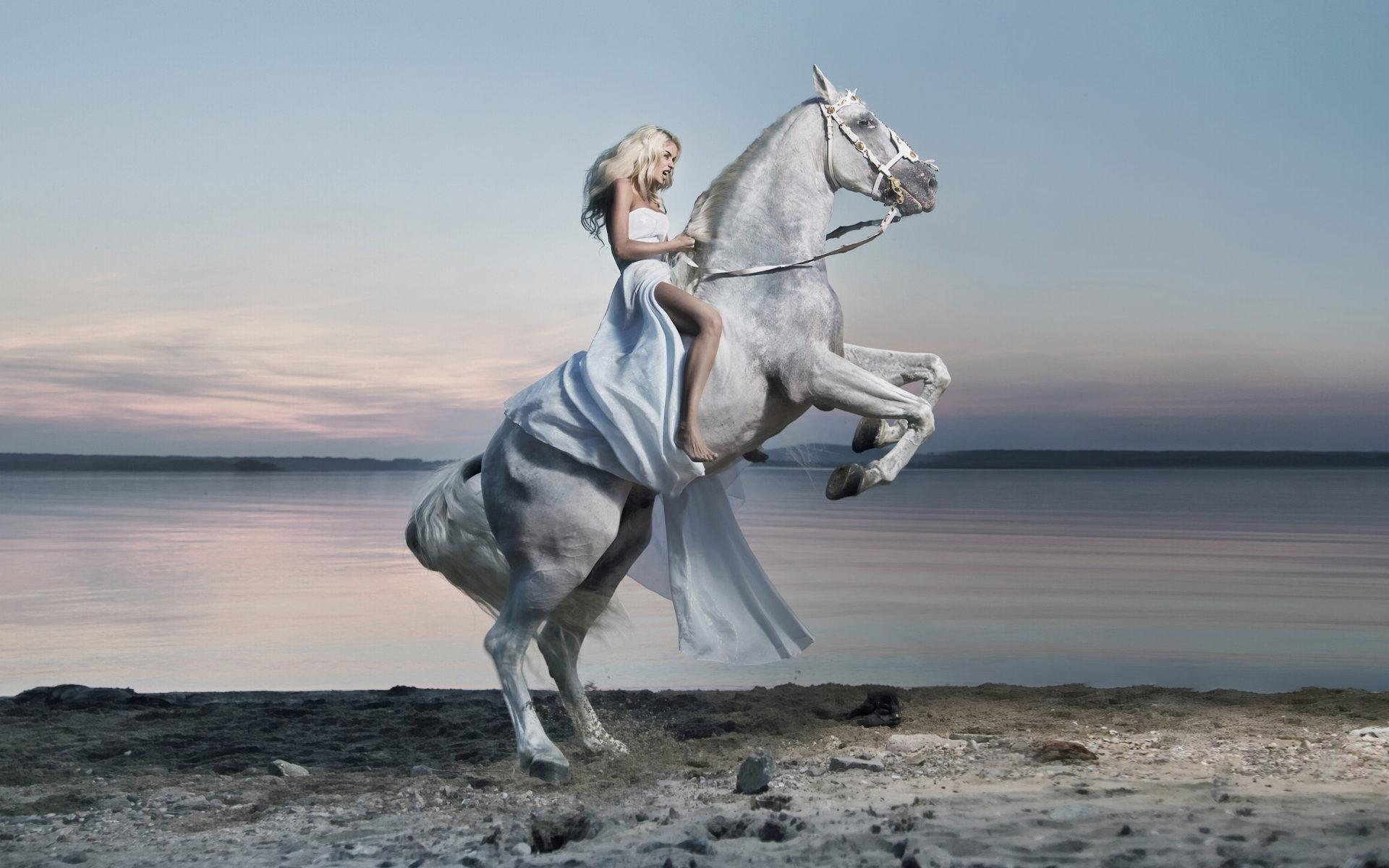 1920x1200 Blue Girl On A White Horse Lake HD Desktop Wallpaper :