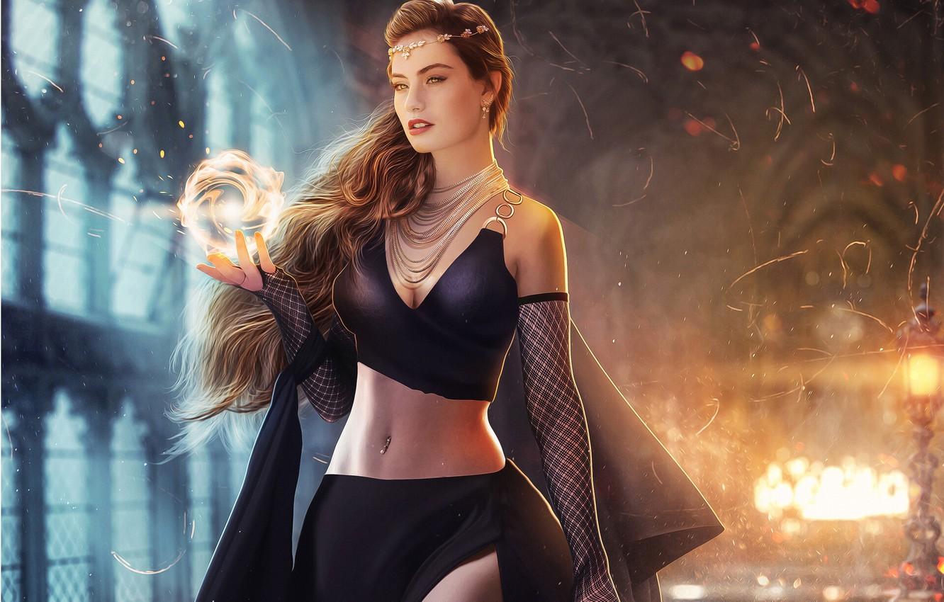 1332x850 Wallpaper Girl, Style, Girl, Magic, Sparks, Fantasy, Brown hair, Art, Art, Fiction, Women, Beautiful, Hosne Qanadelo, by Hosne Qanadelo, FANTASY WOMEN image for desktop, section фантастика