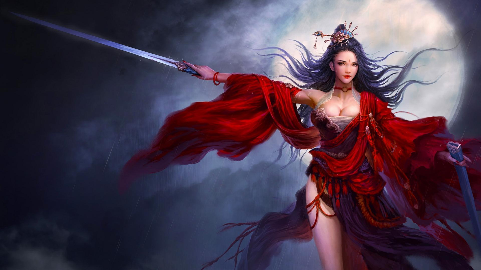 1920x1080 Wallpaper / girl, wallpaper, digital, woman, sword, red, art, pretty, warrior, fantasy, scarlett free download
