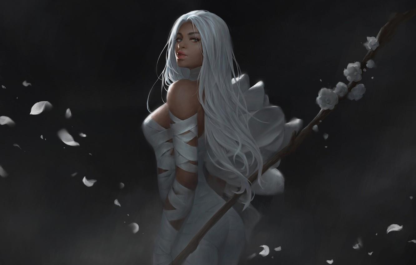 1332x850 Wallpaper long hair, flowers, women, petals, artwork, fantasy art, white hair, staff, dark background, lipstick, fantasy girl, looking over shoulder image for desktop, section фантастика