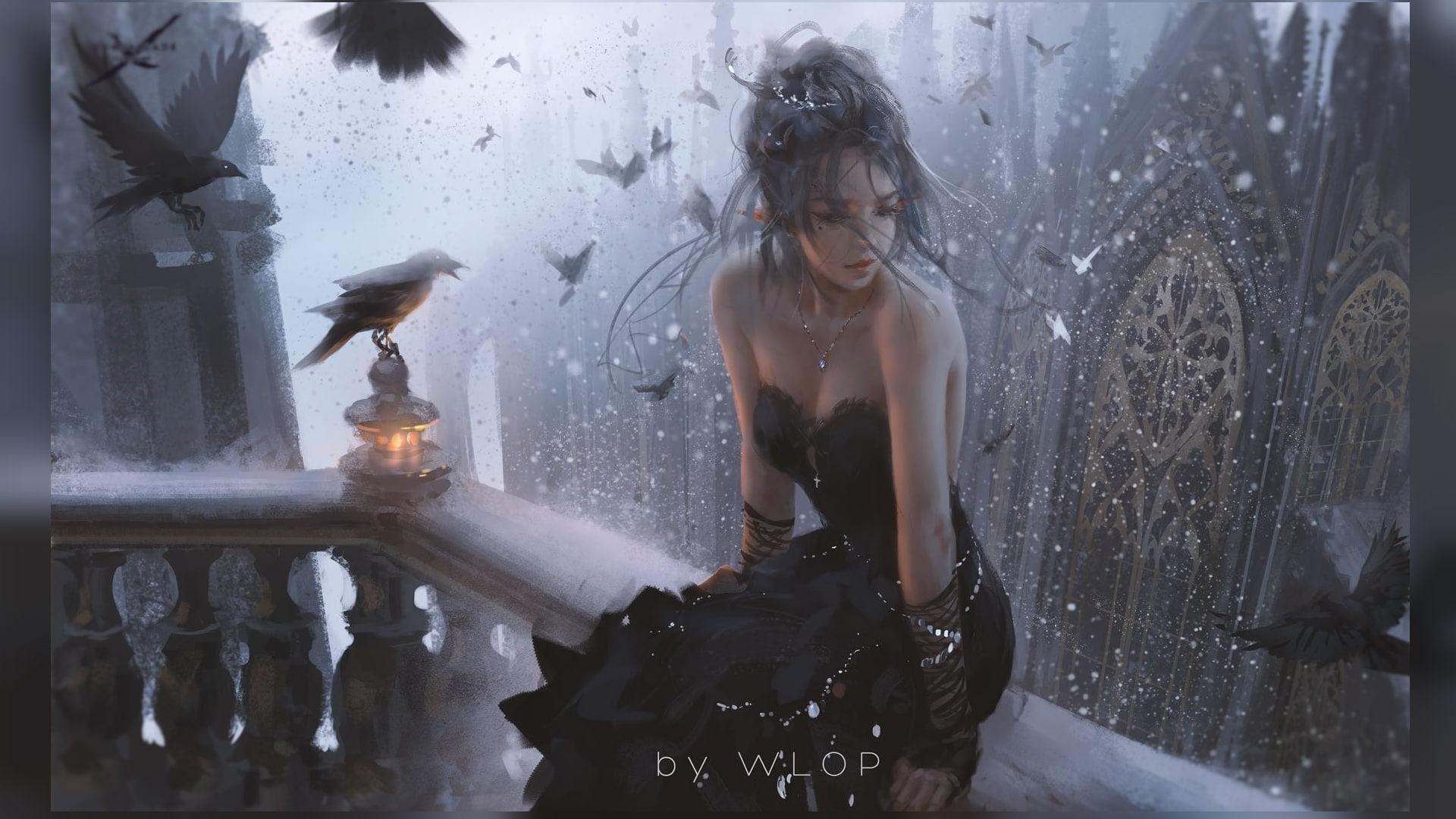 1920x1080 Wallpaper Fantasy Art, Women, Dress, Black Dress, City, Birds, Cleavage