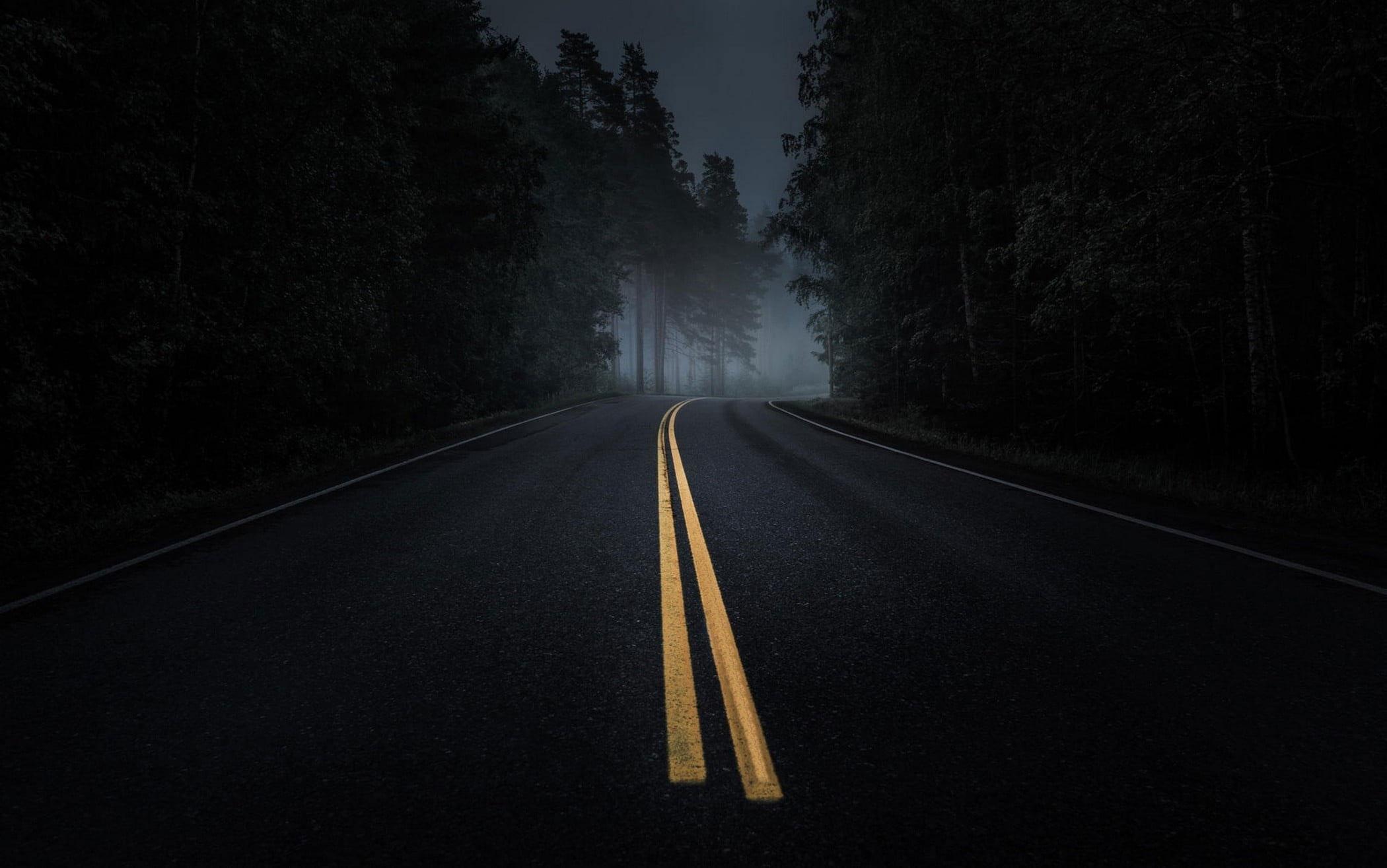 2100x1315 Road Wallpaper, Mist, Dark, Asphalt, Night, Pine Trees, Forest
