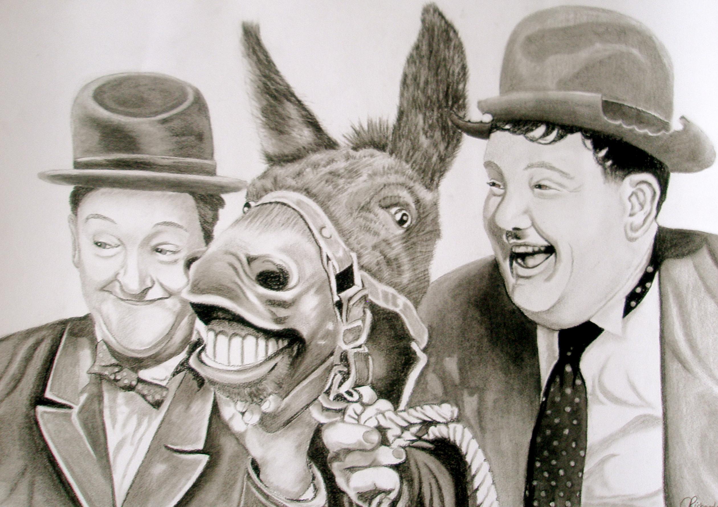 2520x1781 Laurel and Hardy with donkey charcoal portrait. Claire's portraits from photo Blog