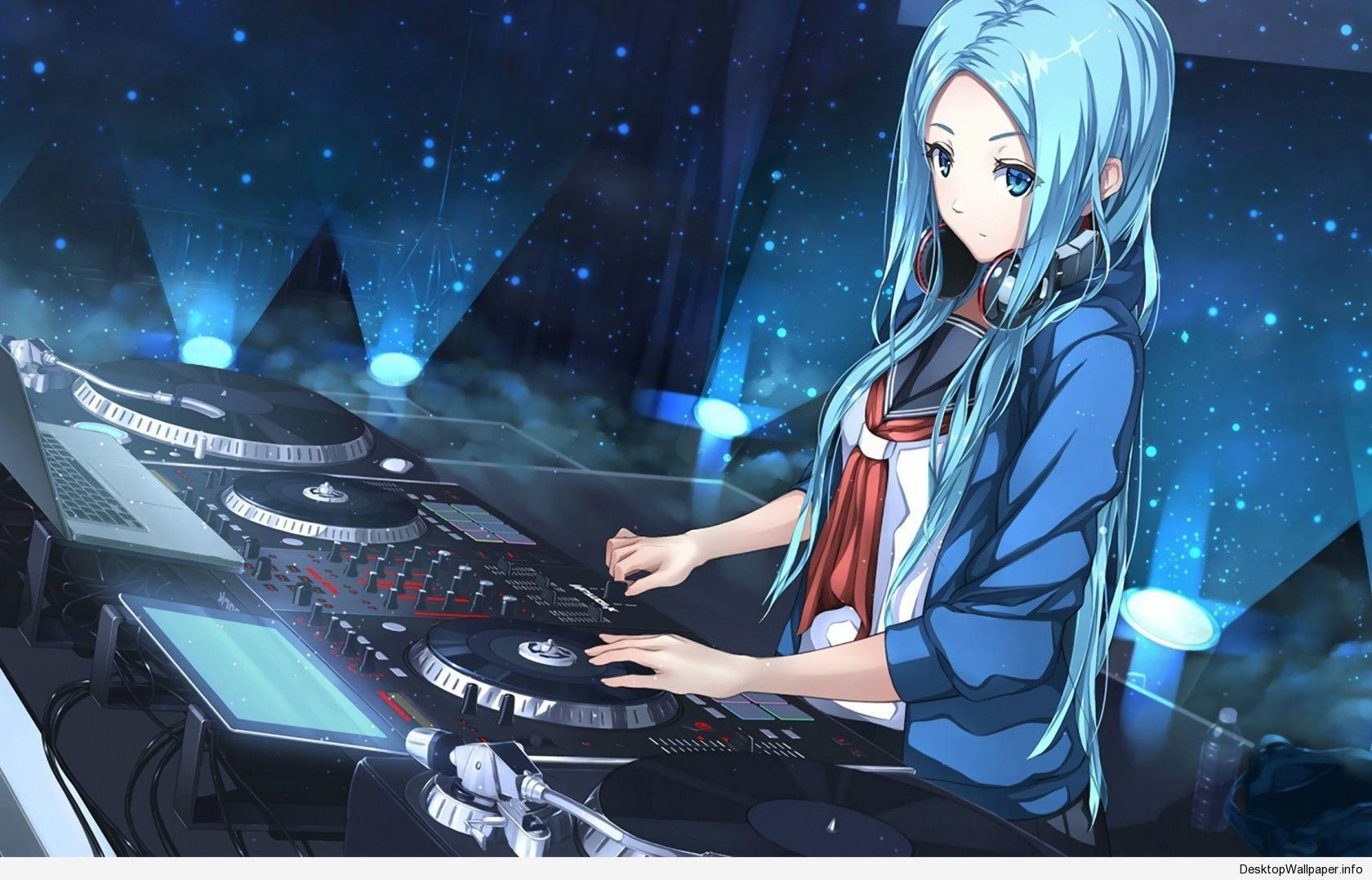 1680x1078 DJ, aqua hair, turntables, long hair, anime, aqua eyes, music, women, blue hair, anime girls, headphones Gallery HD Wallpaper