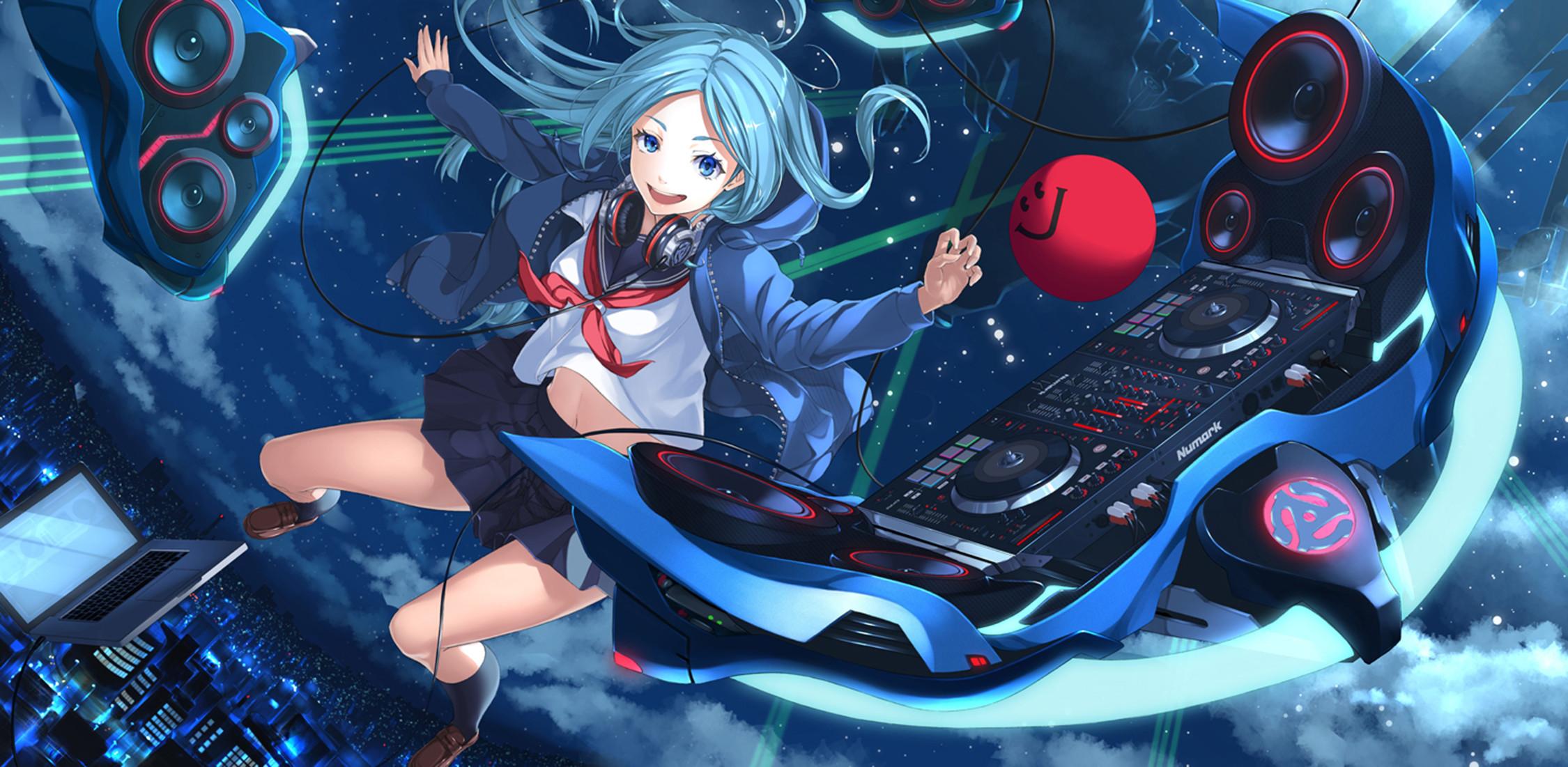 2250x1101 HD desktop wallpaper: Anime, Sky, Building, Dj, Cloud, Blue Eyes, Original, Blue Hair, Speakers, School Uniform download free picture