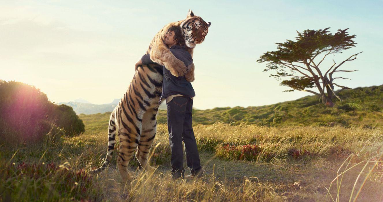 1327x700 Tiger man hug meeting Print tree field friend wallpaperx1500