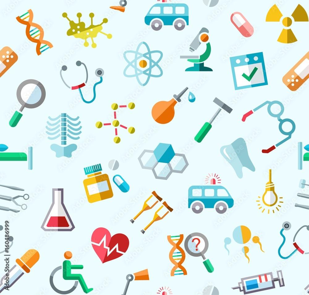 1000x955 Medicine, colored background, seamless, blue, vector. Colored icons of medical services, and tools on a blue field. Vector background. Stock Vector