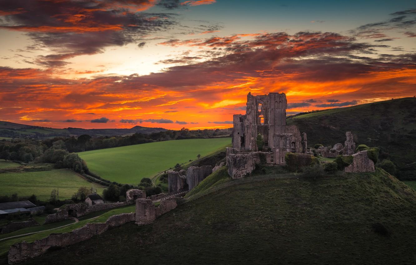 1332x850 Wallpaper England, Corfe Castle, Dorset, East Hill image for desktop, section пейзажи