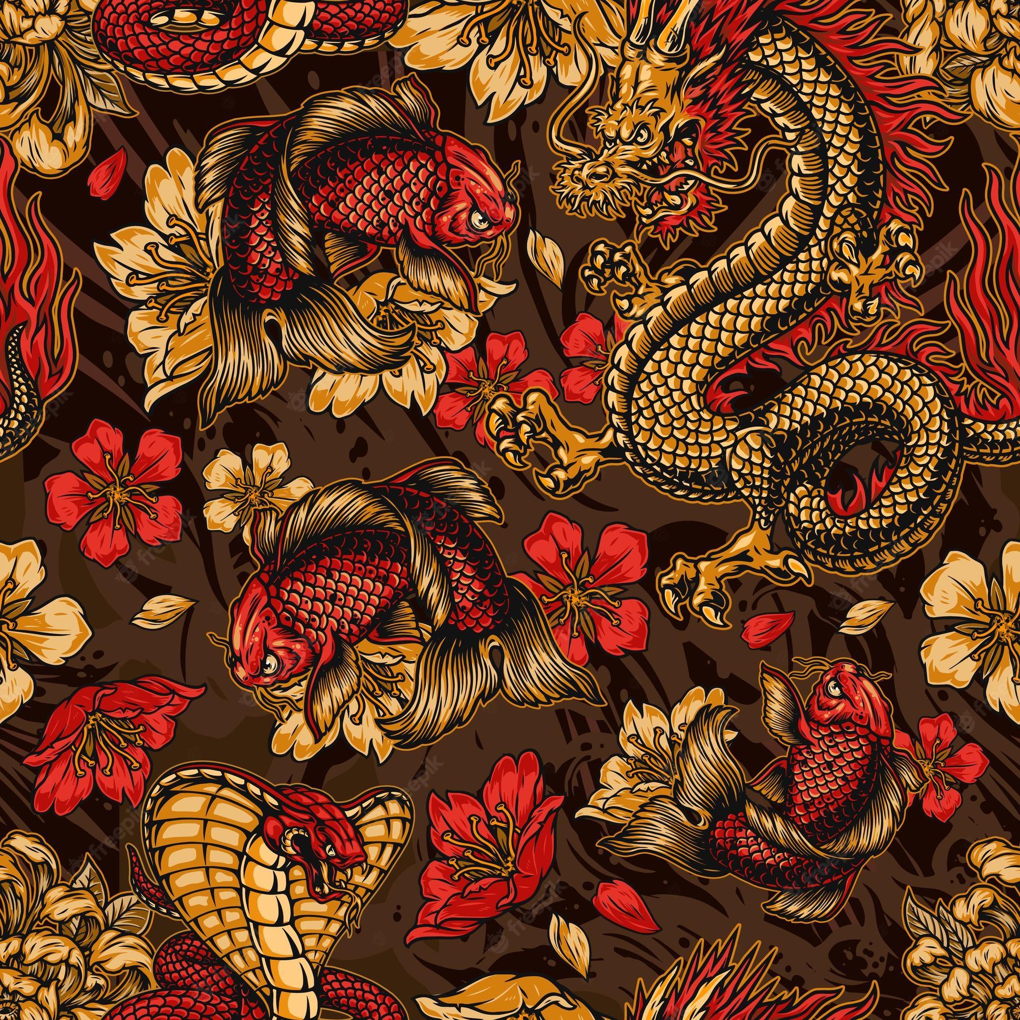 2000x2000 Padrão sem emenda de elementos japoneses vintage com fantasia dragão cobra carpa koi sakura e flores de crisântemo