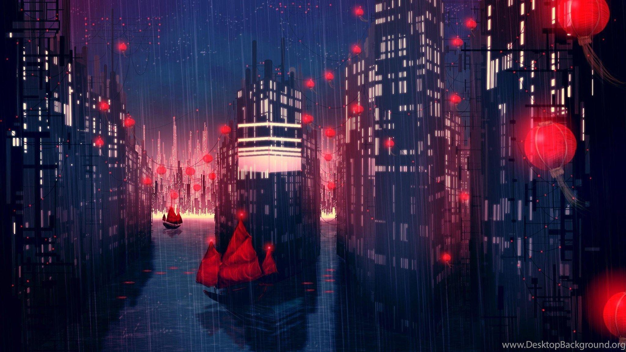 2048x1152 Japanese Themed City >> HD Wallpaper, Get It Now! Desktop Background. Anime scenery wallpaper, Anime city, Christmas aesthetic wallpaper