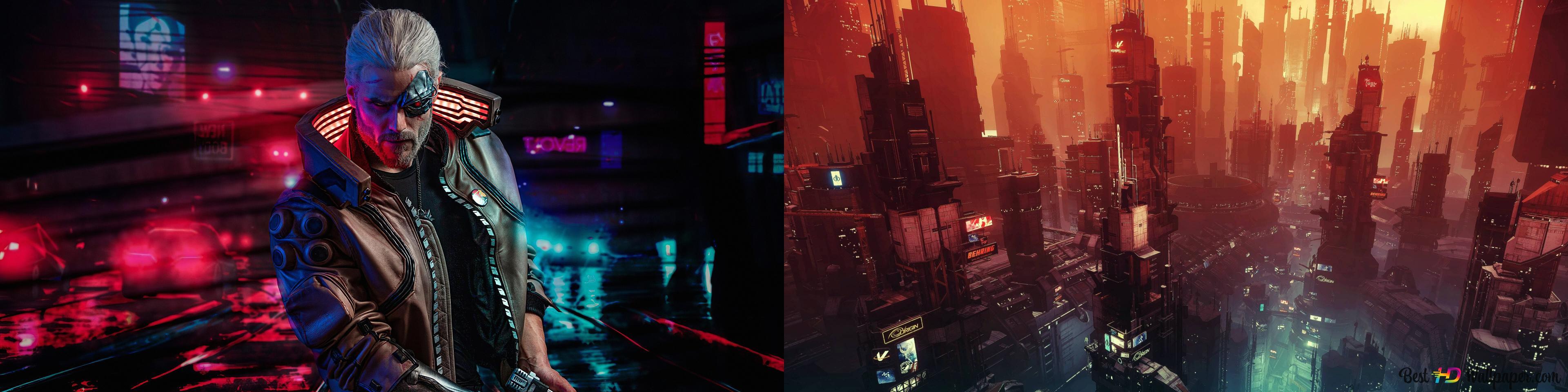 3840x960 Cyber punk edited HD dual monitor 4K wallpaper download