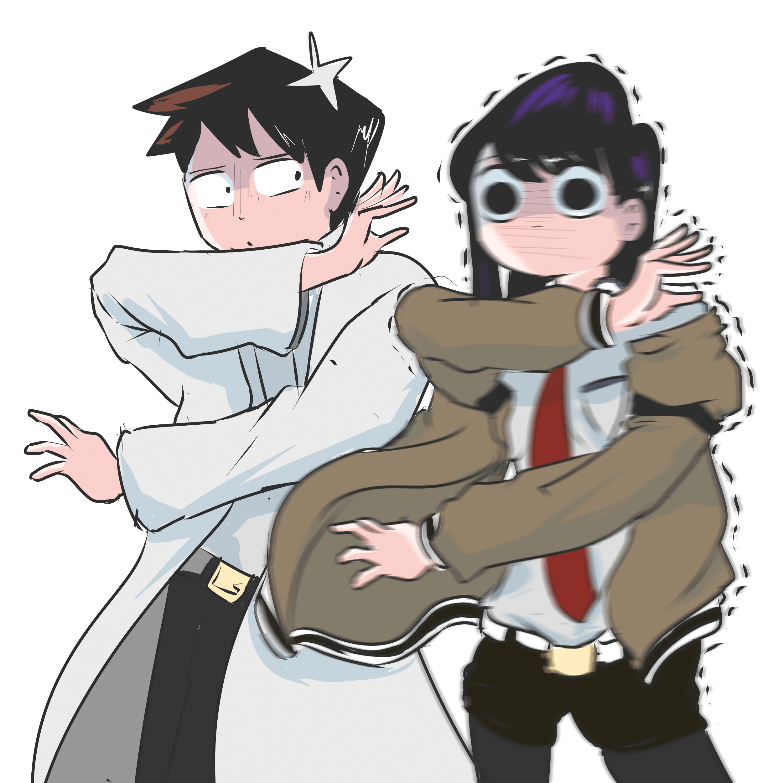 2500x2500 Wallpaper / Komi San Wa, Comyushou Desu., Crossover, Steins;Gate, Anime Girls, Anime Boys, Thighs, Small Boobs, Pantyhose, Long Hair, Short Hair, 2D, Brown Jacket, Lab Coats, Black Hair, Brunette, Black Eyes