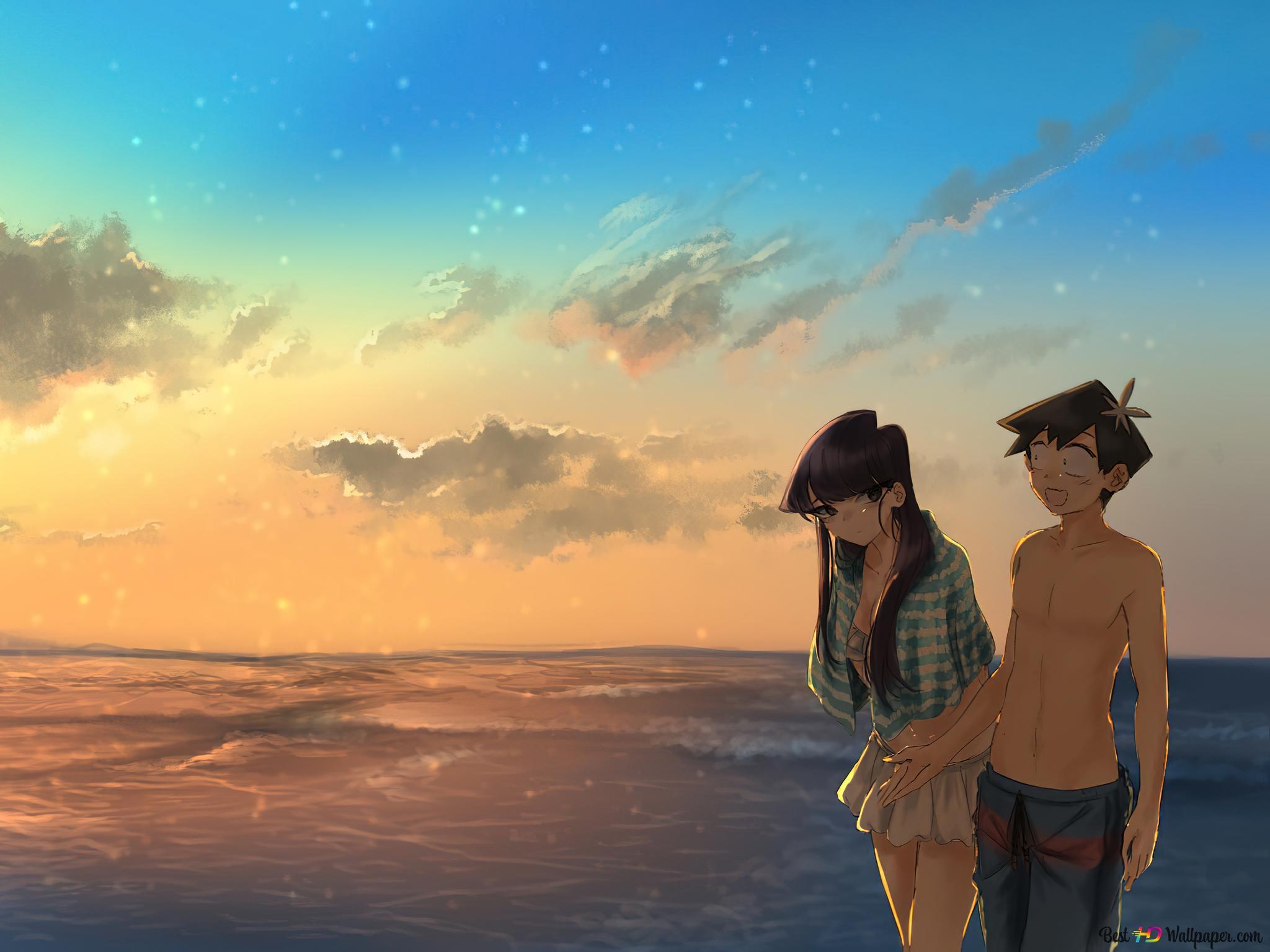 2048x1536 Komi Can't Communicate Komi & Hitohito Tadano At Beach 4K wallpaper download