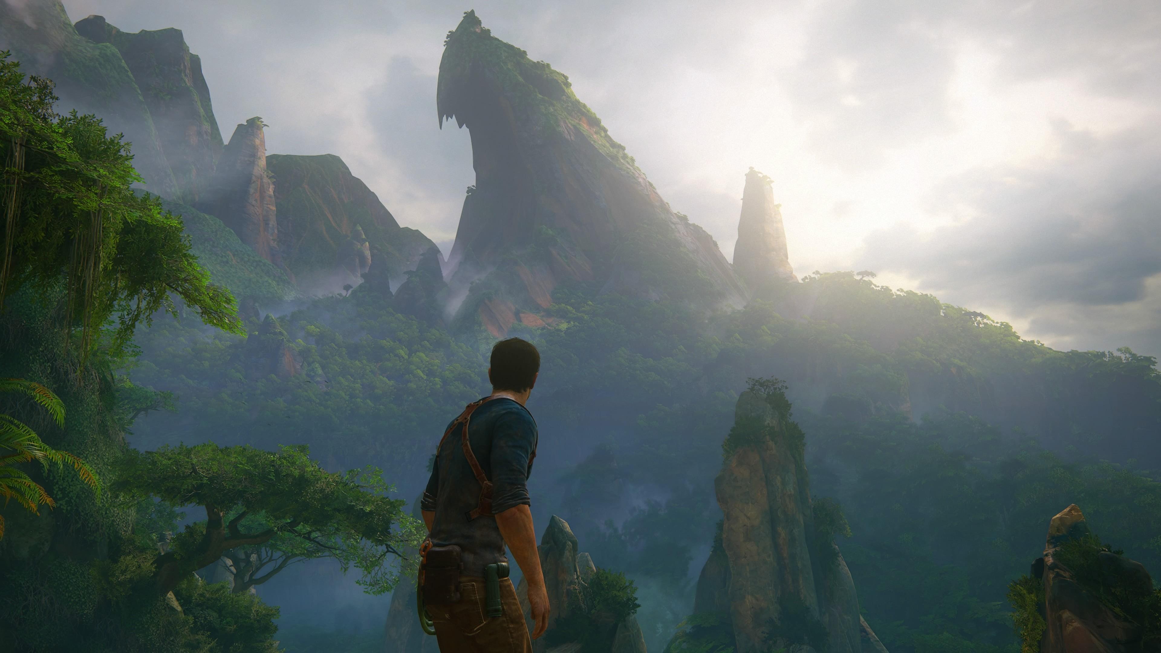 3840x2160 Wallpaper / cliff, fog, scenics, tree, rear view, tranquility, uncharted, video games, 4K, beauty in nature, Uncharted 4: A Thiefs End, man, one person free download