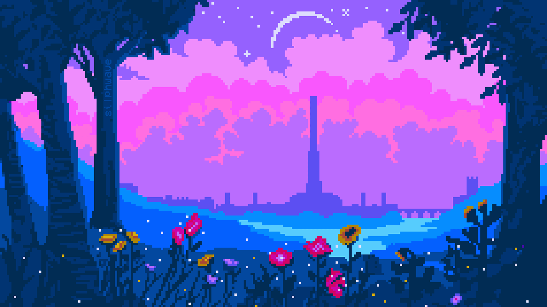 1920x1080 pixel art, flowers, trees, stars Gallery HD Wallpaper