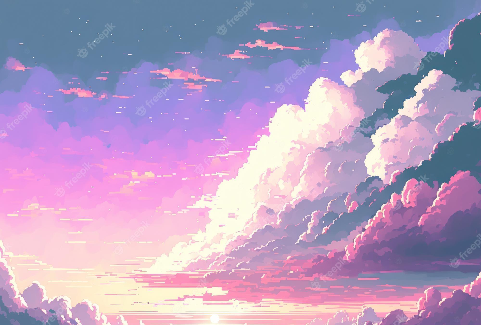 2000x1351 Premium Photo. Pastel sweet blue pink sky pixel art style background with copy space