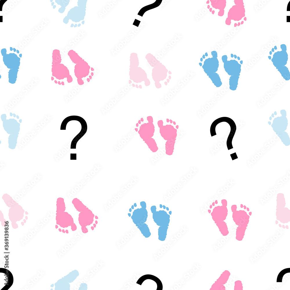 1000x1000 Vektorová grafika „Question mark, baby foot prints, pink and blue baby gender reveal background wallpaper vector“ ze služby Stock