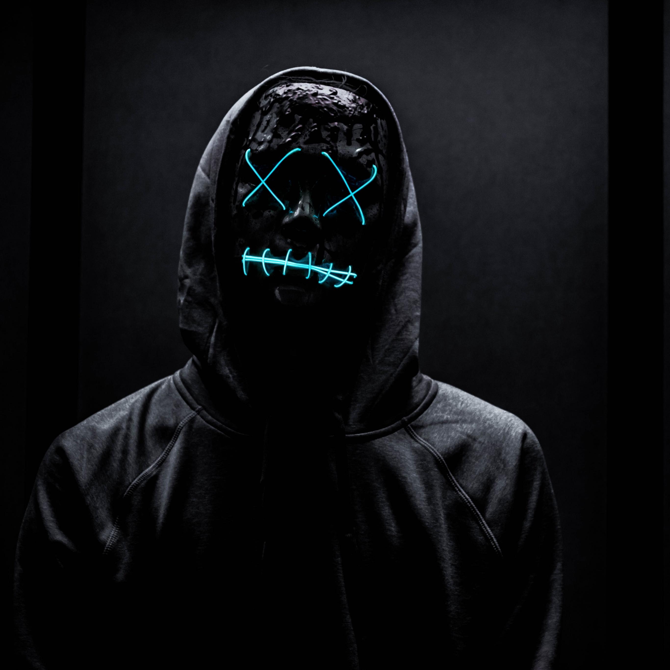 2732x2732 Neon Mask Wallpaper 4K, Man in Black, Dark background