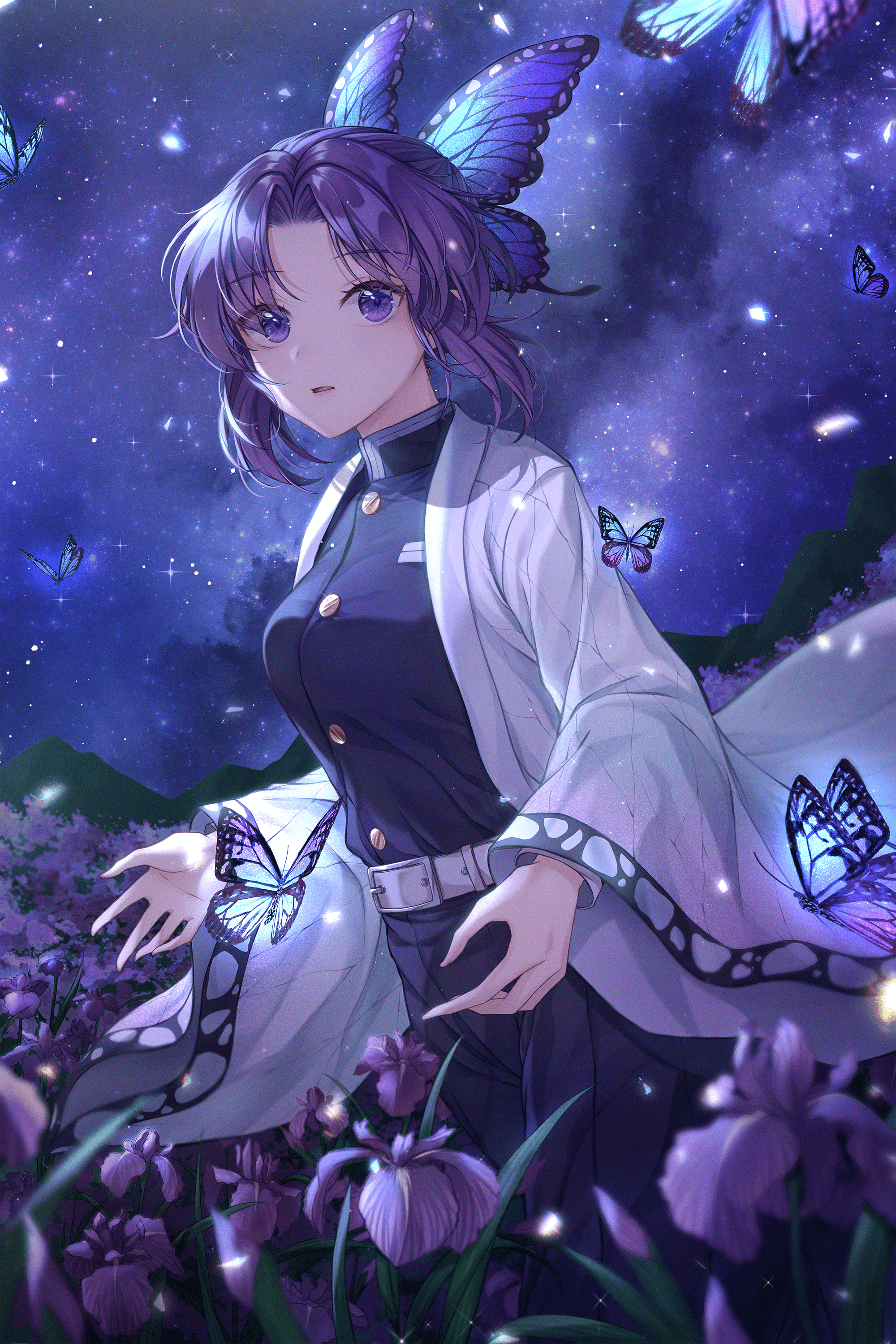 2000x3000 Kimetsu No Yaiba Kochou Shinobu Butterfly Purple Hair Purple Eyes Flowers Japanese Kimono Stars Glow Wallpaper:2000x3000