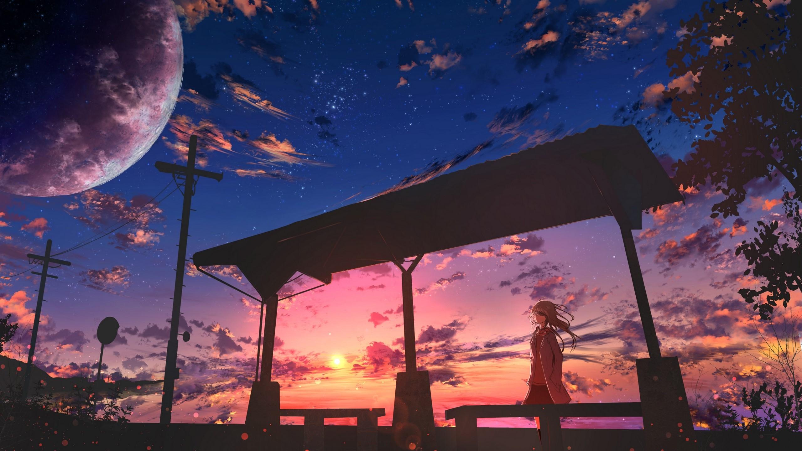 2560x1440 Wallpaper / Anime, Bus Stop, Power Lines, Bench, Sunset, Moescape, Low Angle Free Download