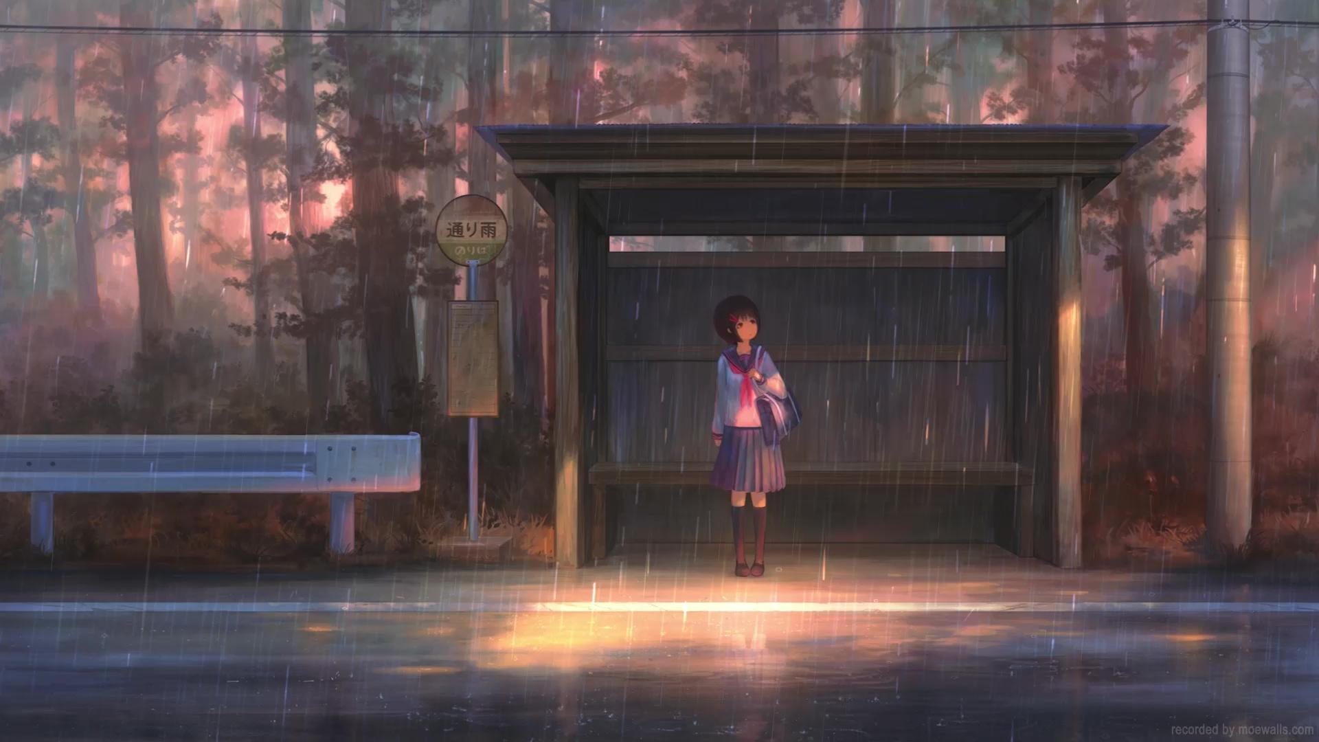 1920x1080 Anime School Girl Bus Station Raining Live Wallpaper