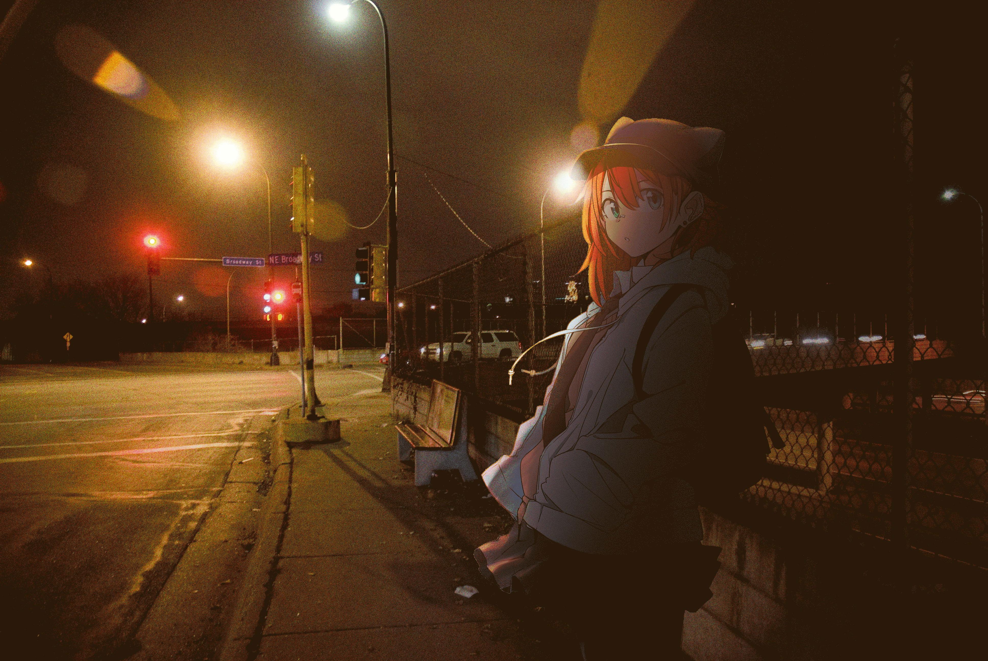 3872x2592 Wallpaper Bus Stations, Anime Girls, Urban, Night, Street
