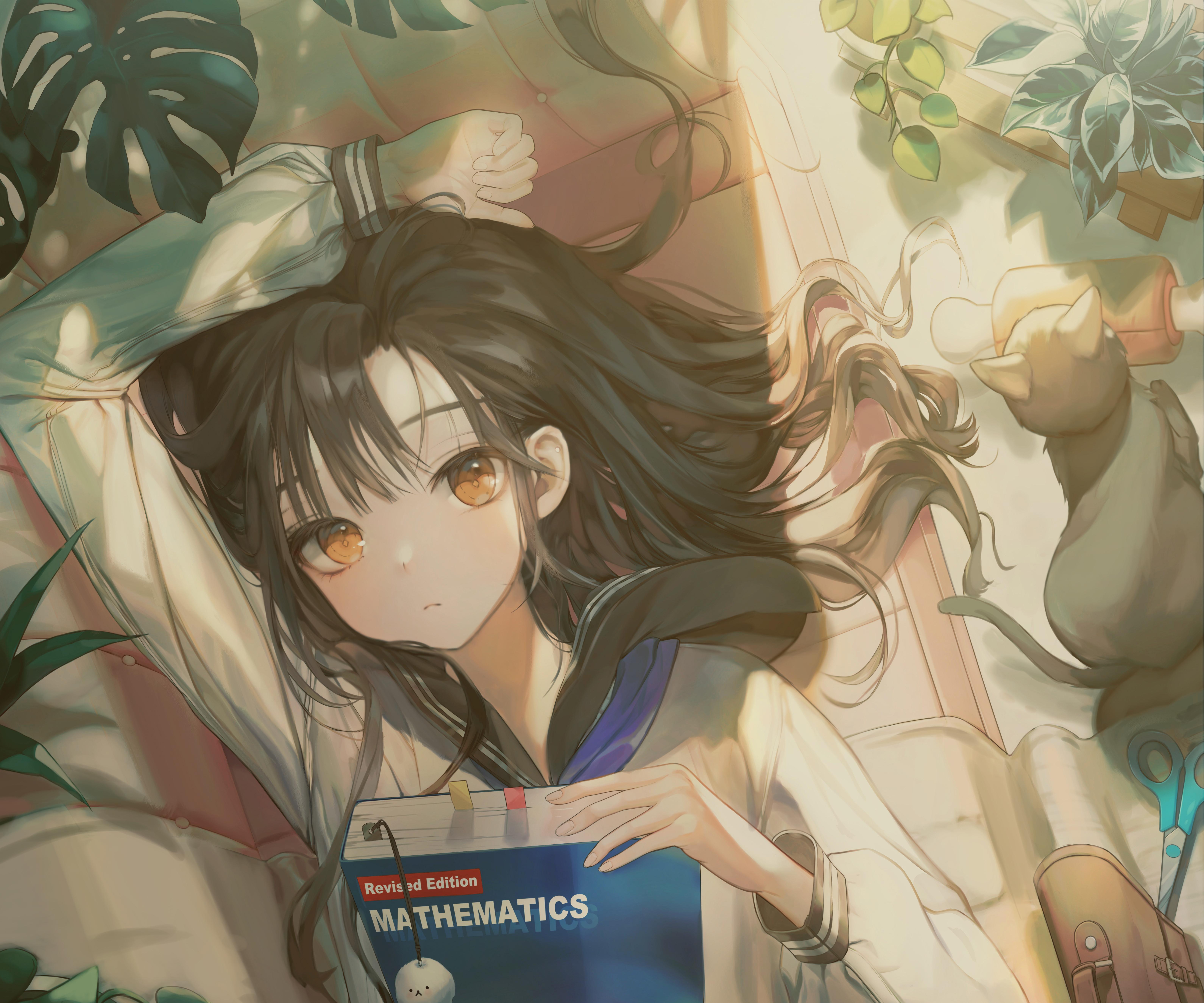 6360x5300 HD desktop wallpaper: Anime, Girl, Lying Down download free picture