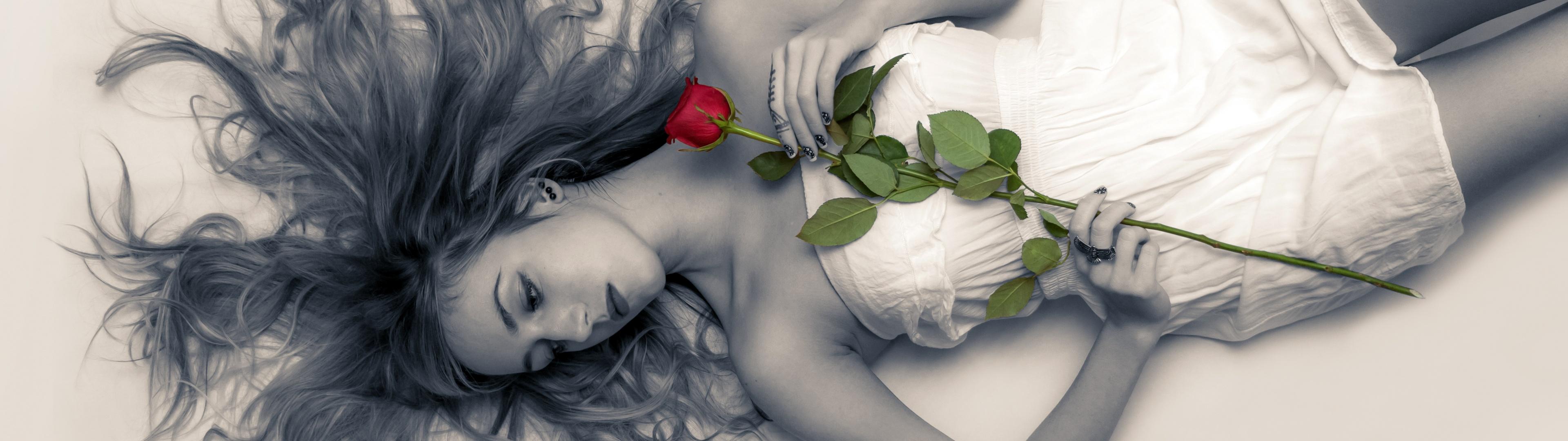 3840x1080 Sad girl Wallpaper 4K, Lying down, Red Rose, People