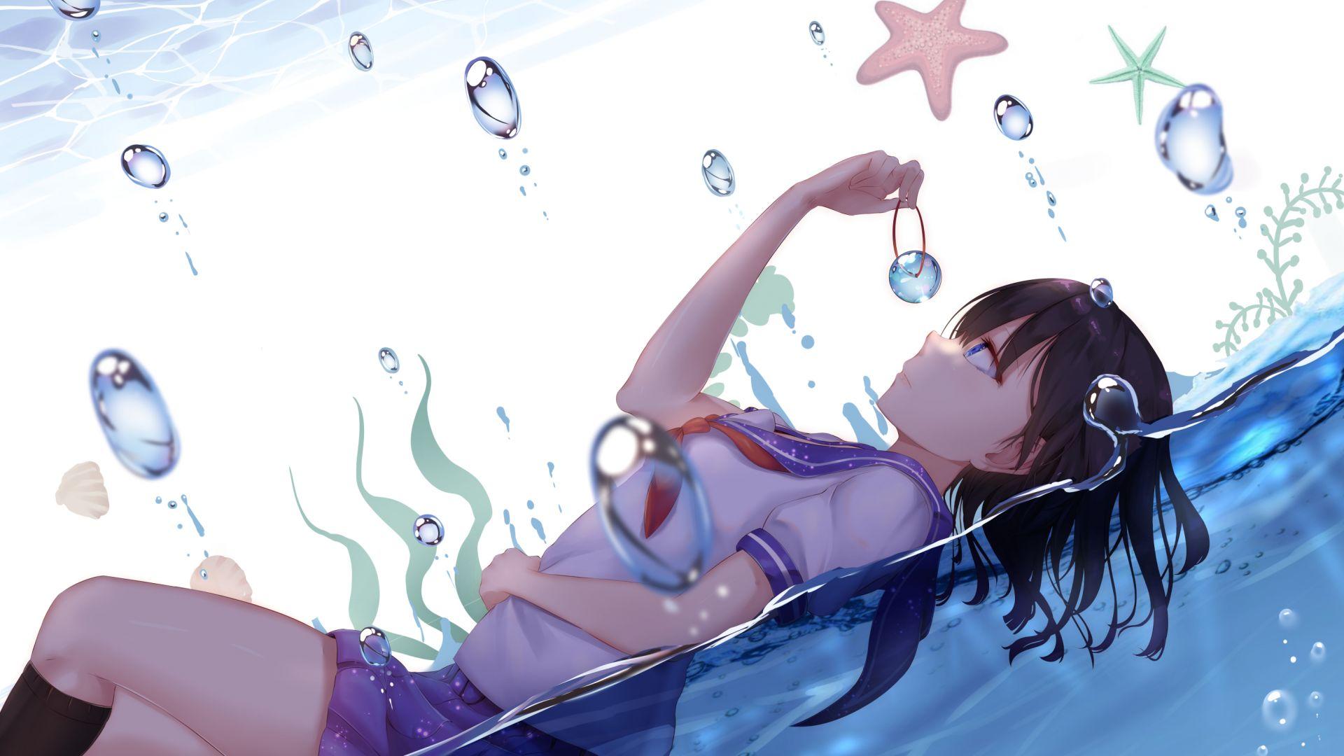 1920x1080 Desktop Wallpaper Lying Down, Anime Girl, Bubbles, Original, HD Image, Picture, Background, 06c37b