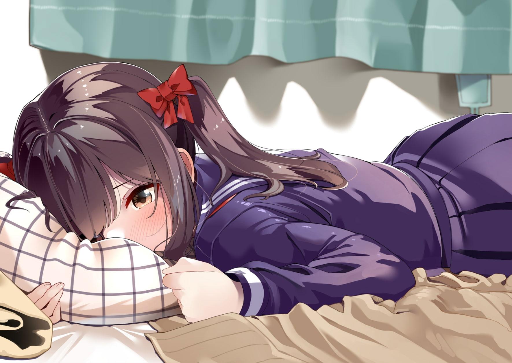 1771x1254 Wallpaper Anime Girl, Lying Down, Shy Expression