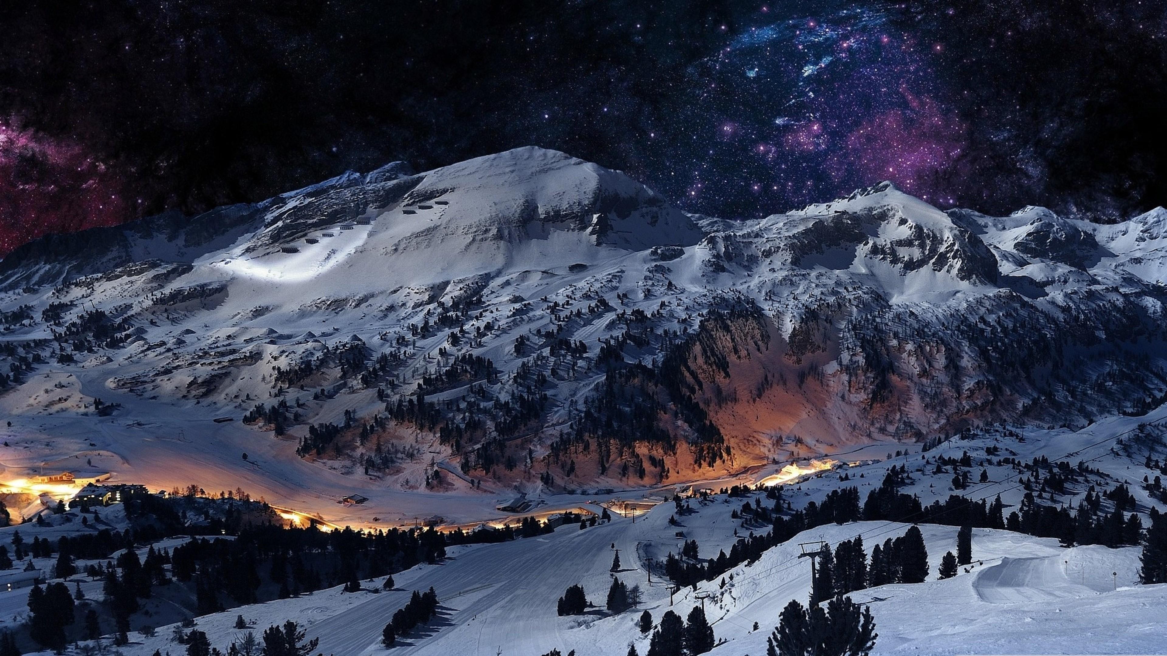 3840x2160 Wallpaper / 4K, landscape, stars, mountain village, darkness, mountain, sky, night, mountain range, winter, night sky, snow, nature, massif, starry sky free download