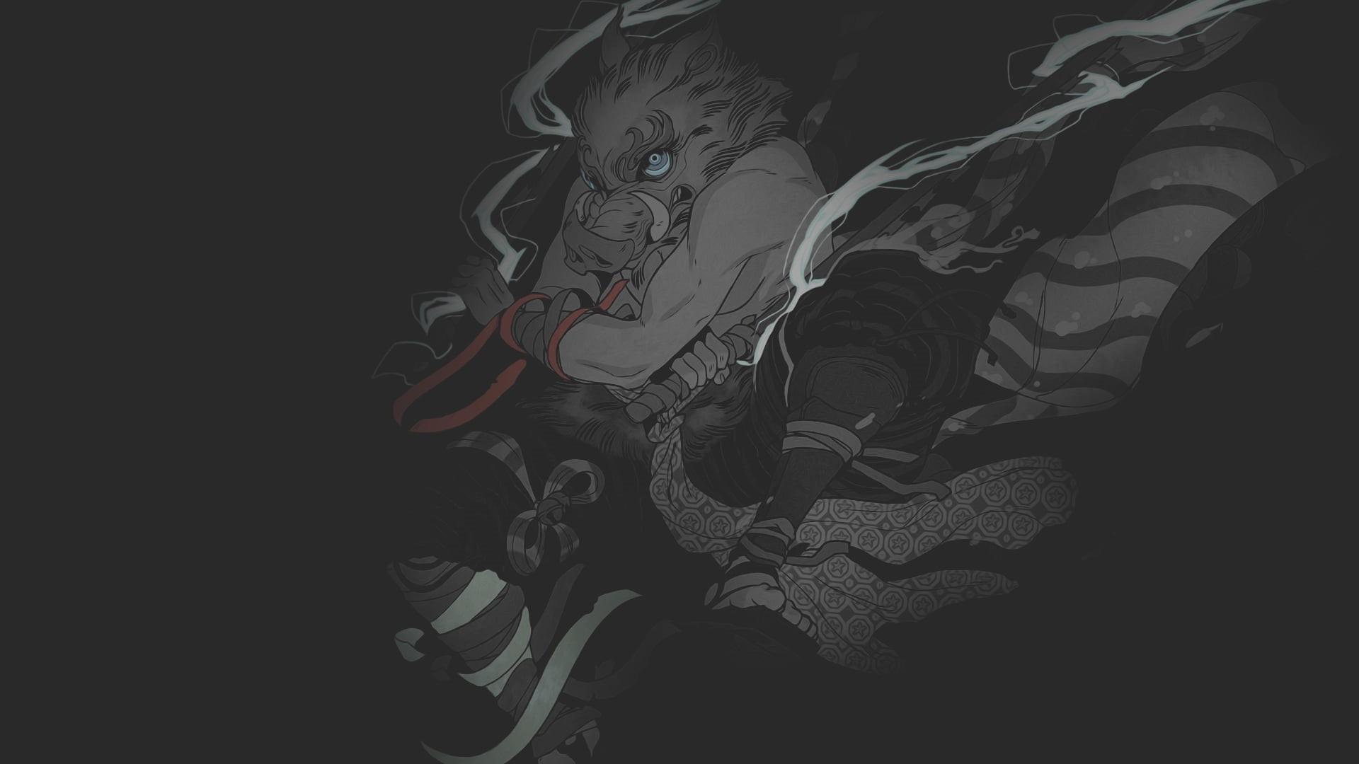 1920x1080 Wallpaper / 1080P, selective coloring, raspbearyart, dark background, Monster (anime), illustration, fan art, Slayer, minimalism, oscar vega, demon, Kimetsu no Yaiba free download