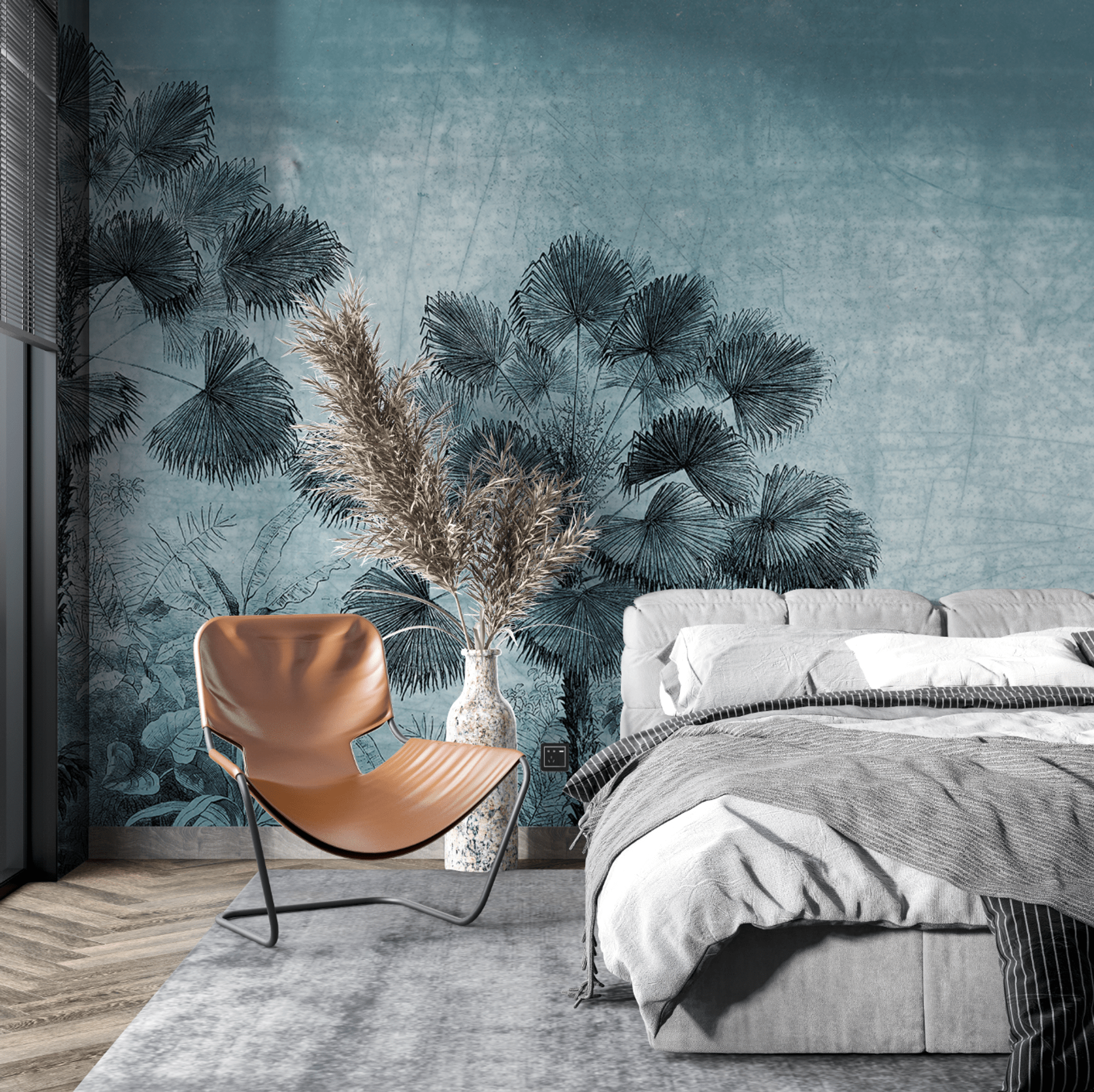 2000x1997 Blue Urban Jungle Palm Tree Wallpaper Wall Mural. Textured Vinyl Wallpaper Mural