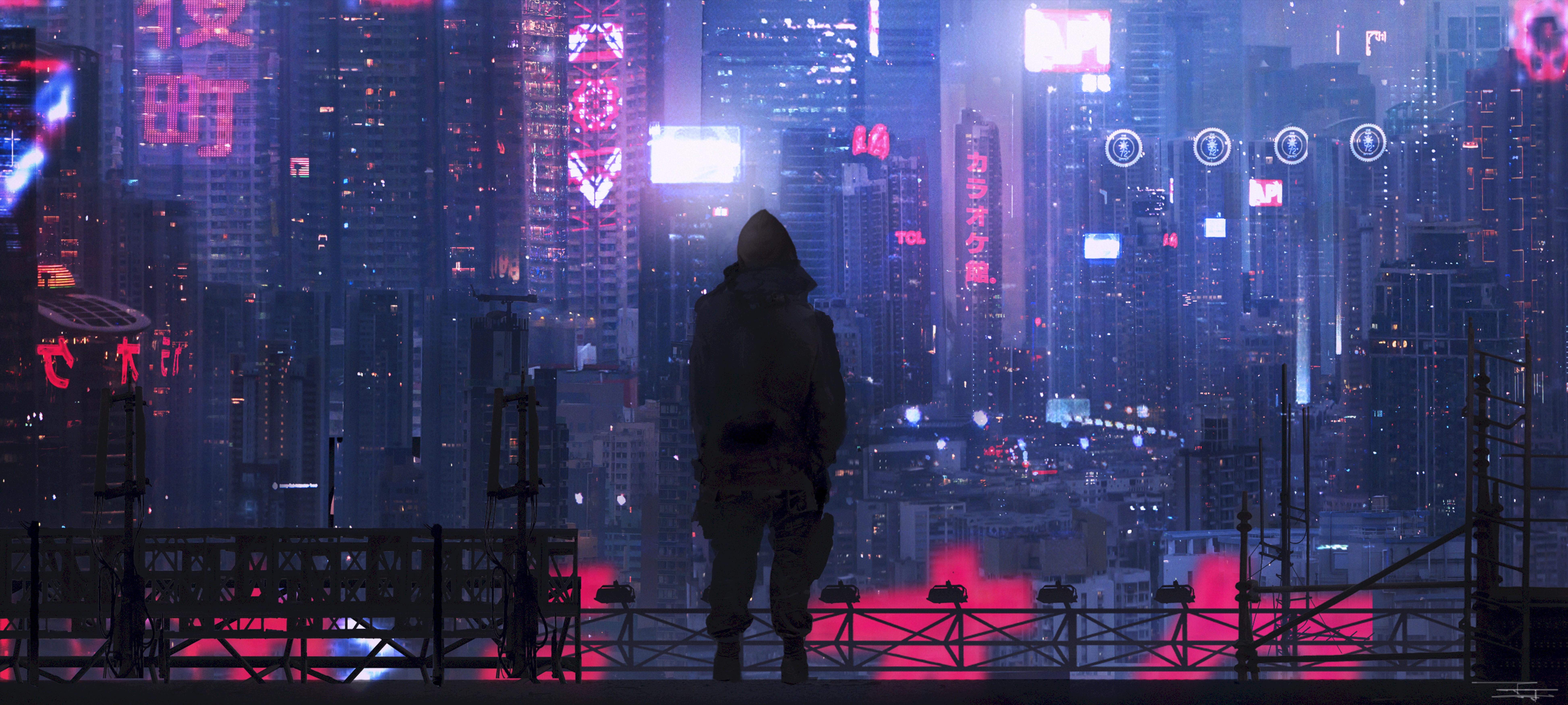 7785x3500 Wallpaper Man in Black Hoodie Standing on The Top of The Building During Night Time, Background Free Image