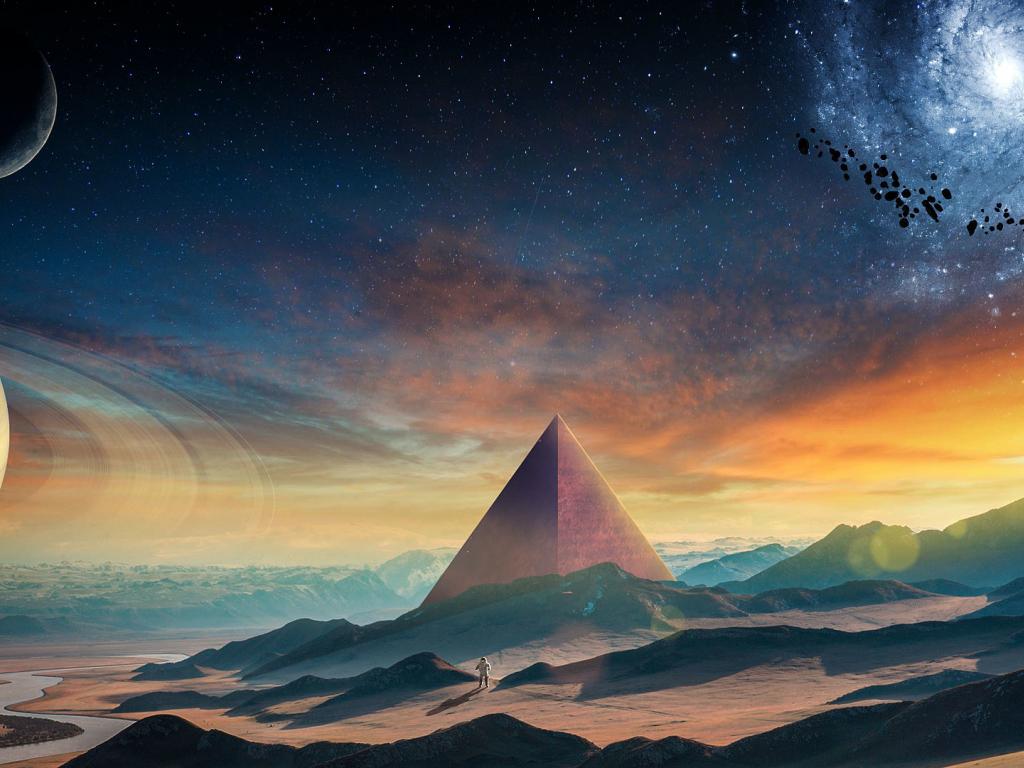 1024x768 Wallpaper planet, fantasy, pyramids, space, landscape desktop wallpaper, HD image, picture, background, 9e8f7b