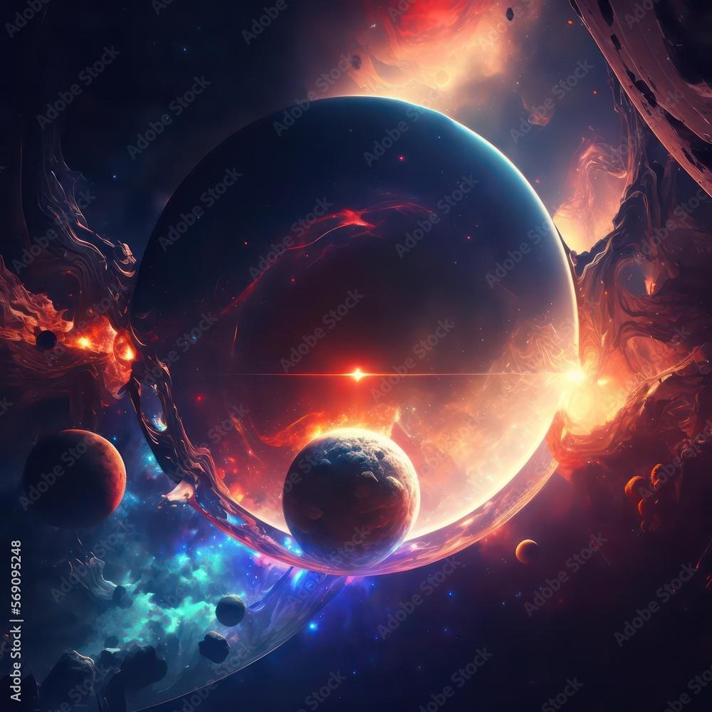 1000x1000 Fantasy colorful planet in universe. Abstract universe fantasy wallpaper background. Huge planet with fantasy color theme. Generative AI. Stock Illustration