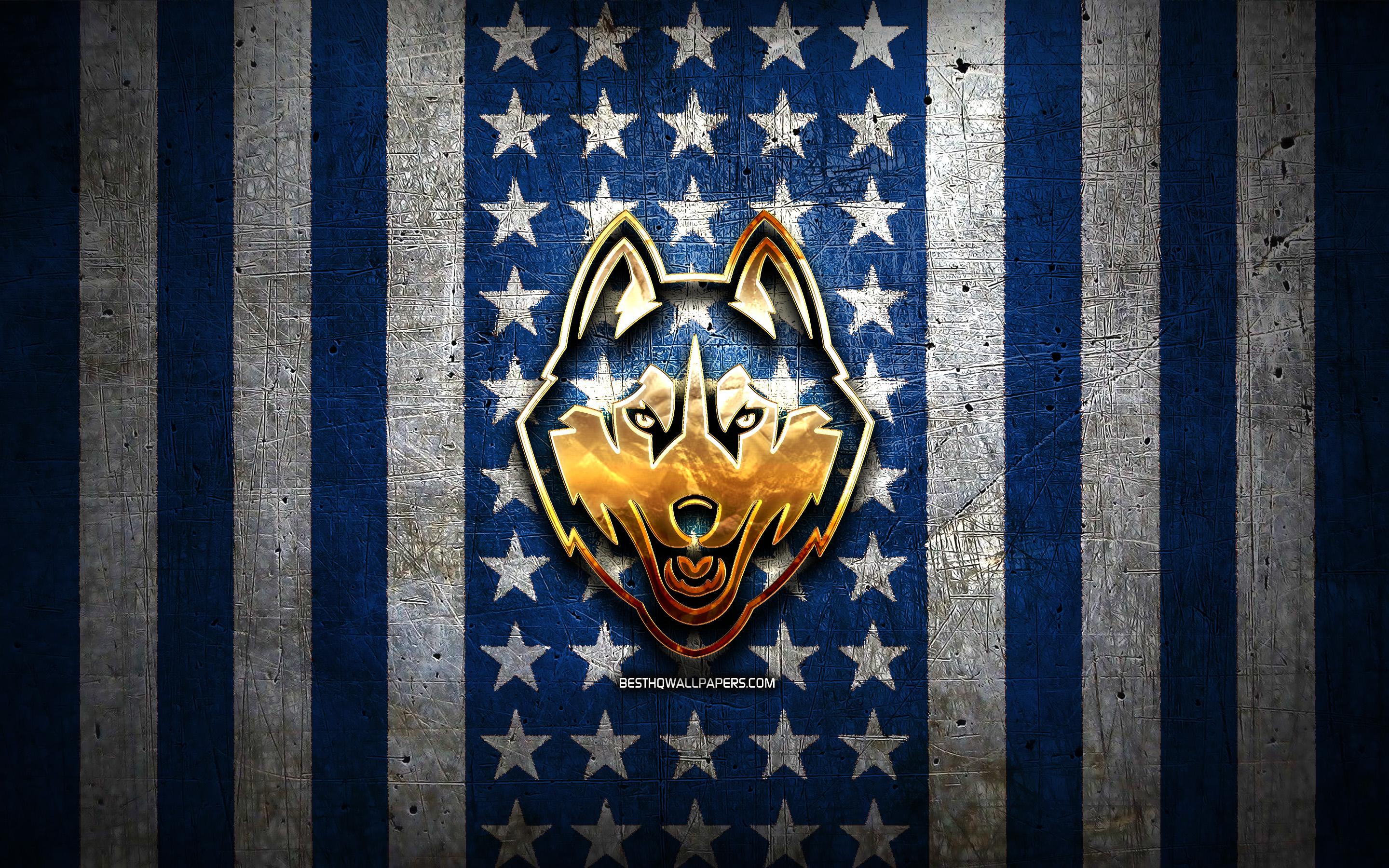 2880x1800 Download wallpaper UConn Huskies flag, NCAA, blue white metal background, american football team, UConn Huskies logo, USA, american football, golden logo, UConn Huskies for desktop with resolution 2880x1800. High Quality HD picture