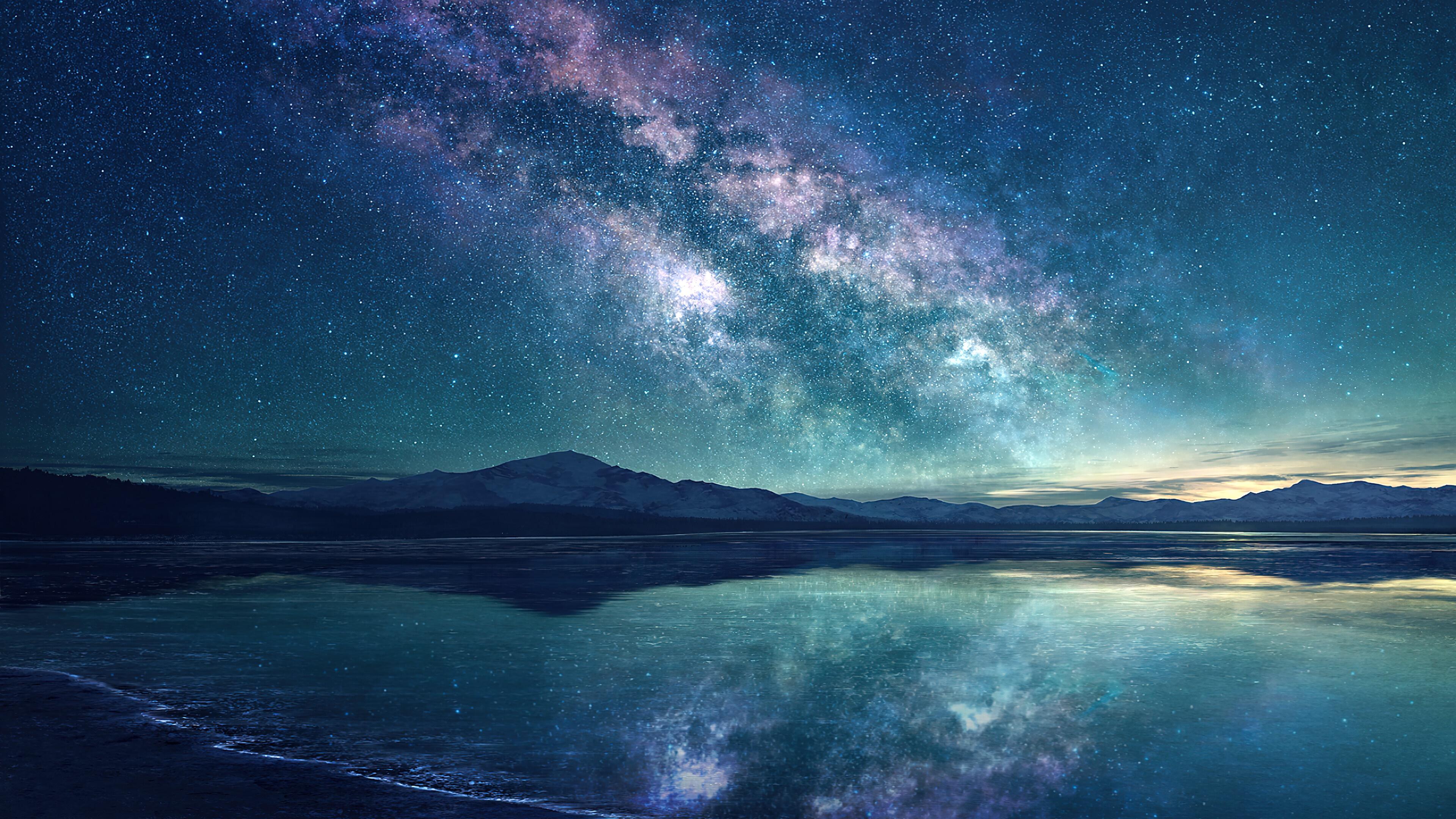 3840x2160 wallpaper, sunrise, night, ocean, sky, milky way, scenery, anime, art, 4k, HD Gallery HD Wallpaper