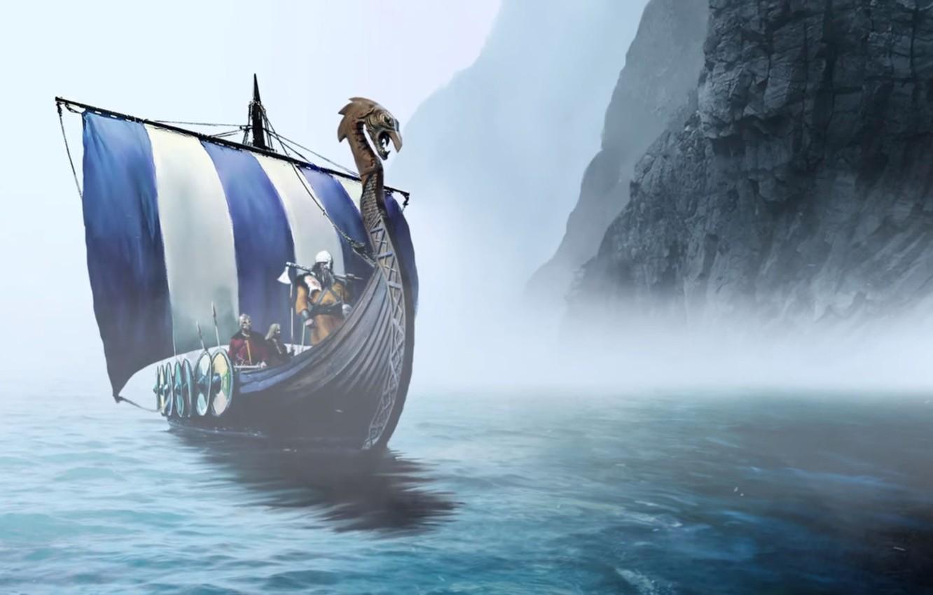 1332x850 Wallpaper sea, viking, shield, warrior, montain, bolt, Expeditions Viking, weaponshield image for desktop, section фантастика