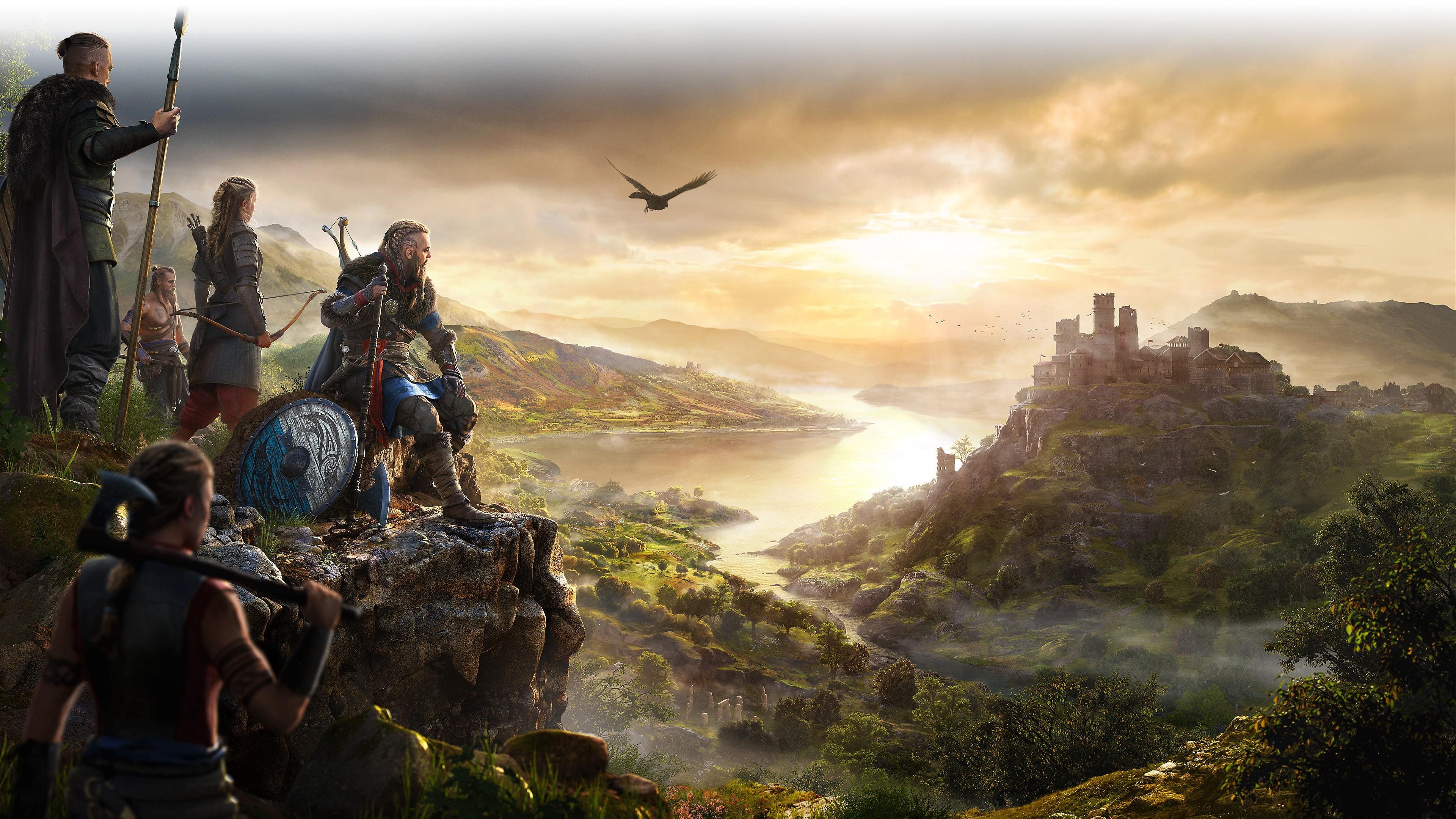 3840x2160 Wallpaper / viking, shield, video game art, Assassins Creed: Valhalla, video games, Axe, raven, Assassins Creed, castle, horizon, lake, digital art, 4K free download