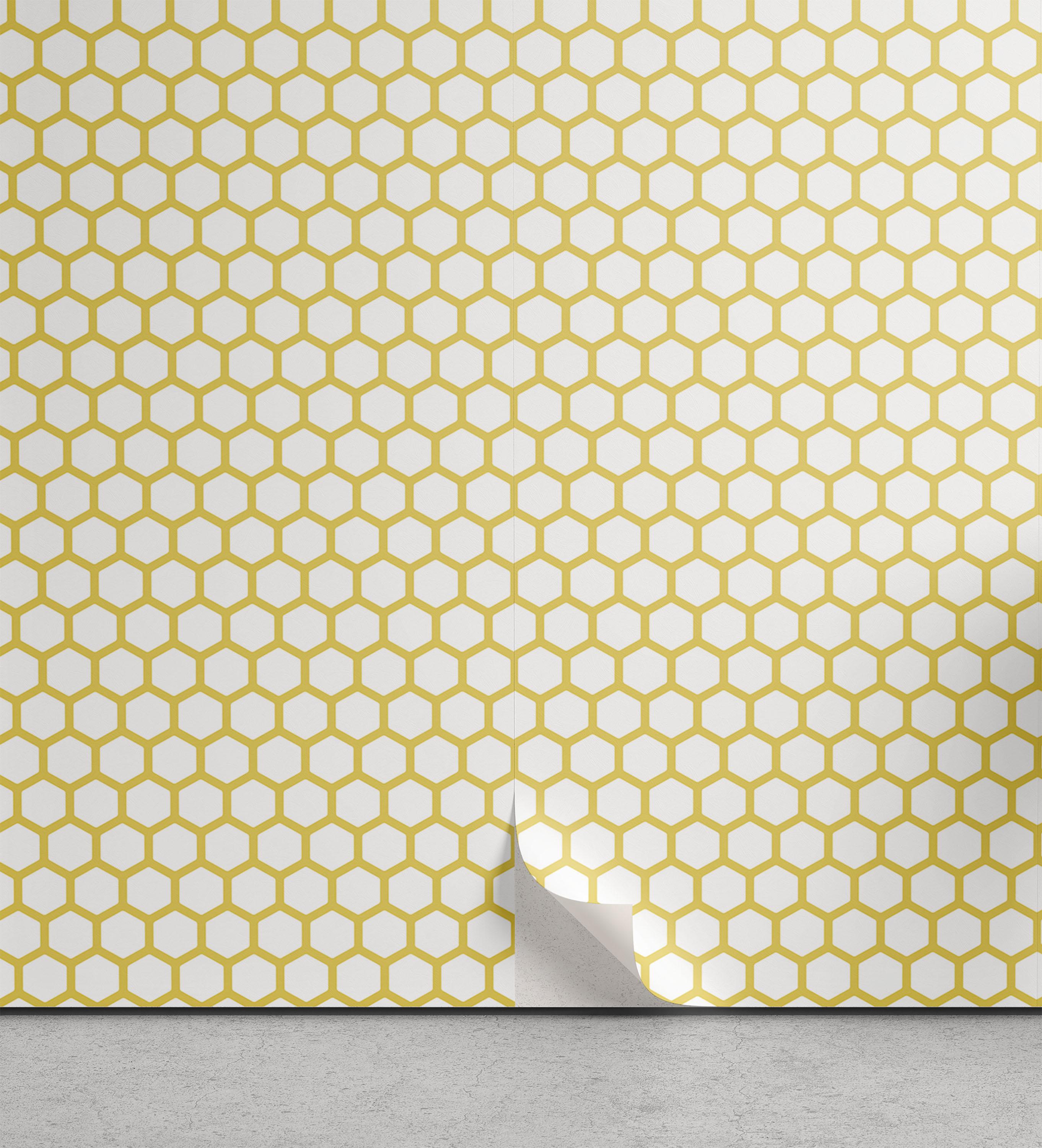 2724x3000 Yellow And White Peel & Stick Wallpaper, Hexagonal Pattern Honeycomb Beehive Simplistic Geometrical Monochrome, Self Adhesive Living Room Kitchen Accent, 3 Sizes, Yellow White