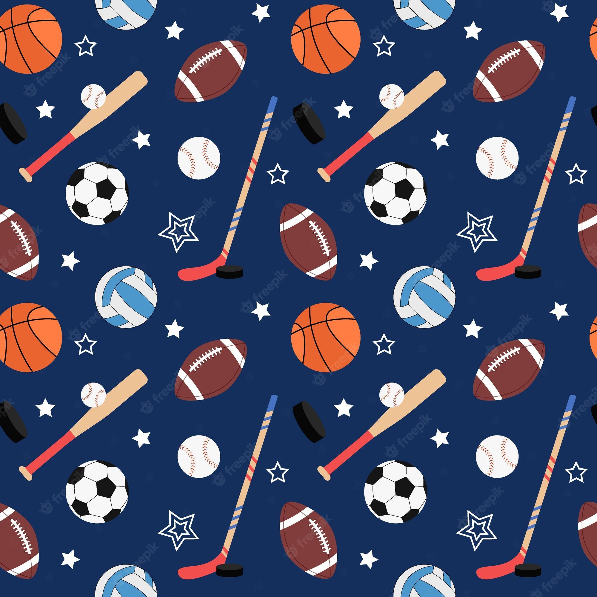 2000x2000 Premium Vector. Team sports pattern seamless background with balls for soccer and american football basketball flat vector illustration of baseball and hockey equipment