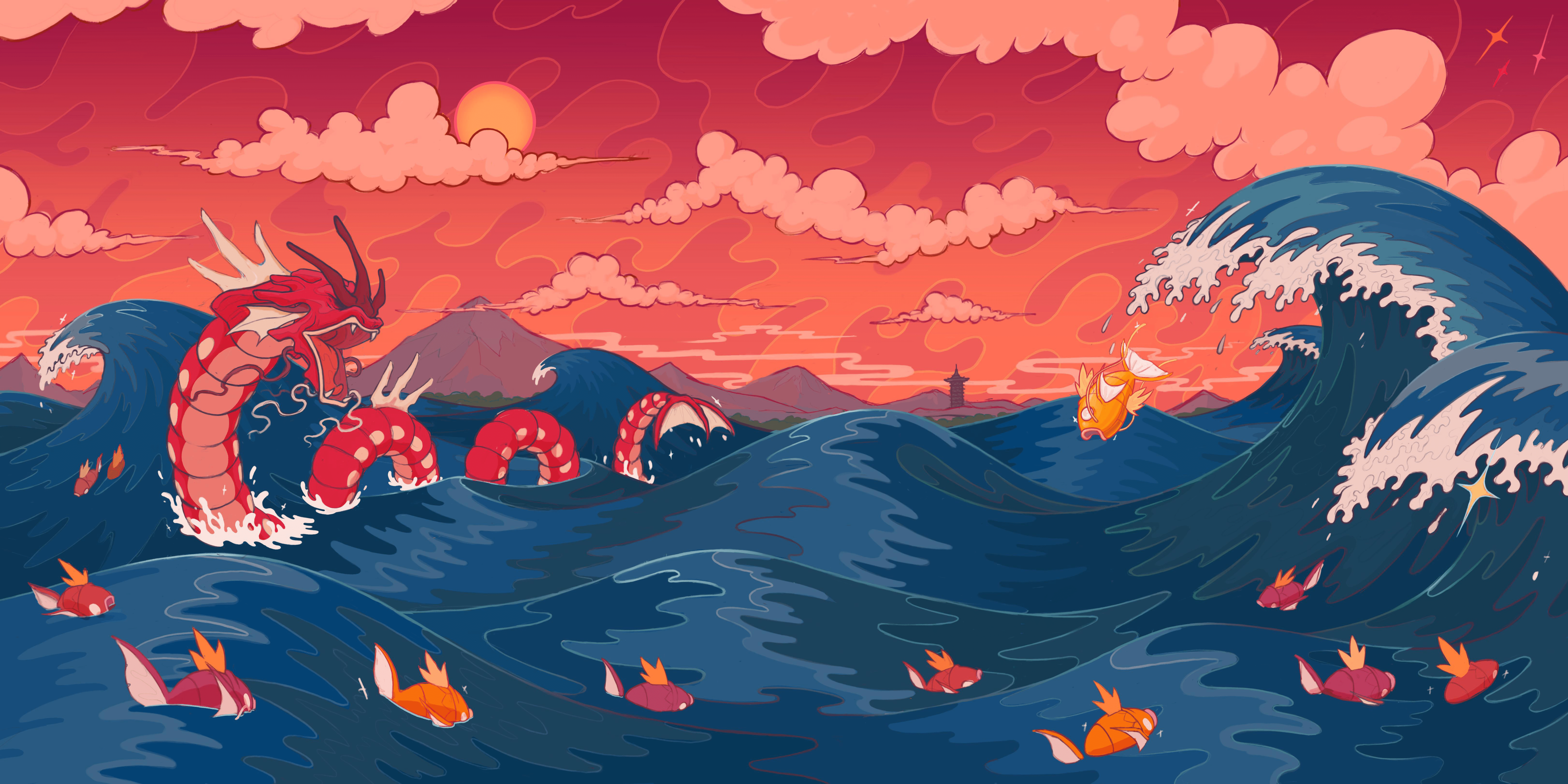 6488x3244 Pokemon Lake Of Rage Gyarados Magikarp Wallpaper:6488x3244