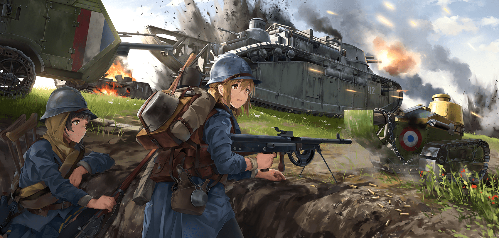 1700x813 Wallpaper / NEKO (Yanshoujie), anime girls, Battlefield tank, nature, weapon, Military Uniform free download