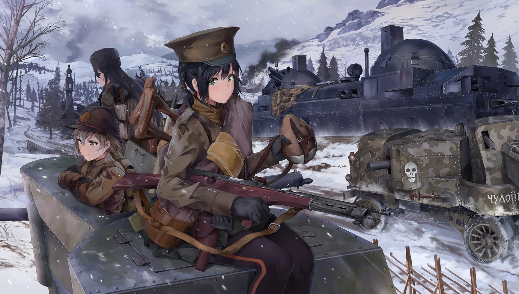 1731x980 Wallpaper / NEKO (Yanshoujie), anime girls, Battlefield tank, nature, weapon, train, snow, Military Uniform free download